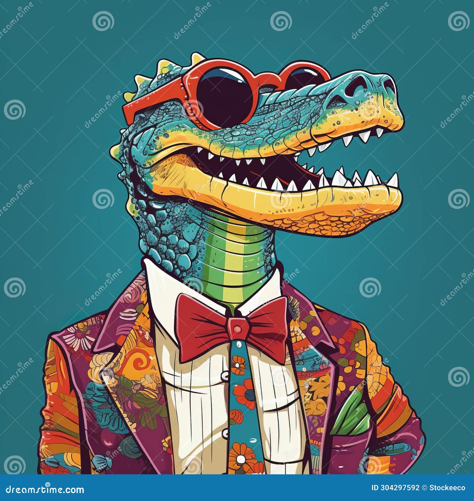 funky crocodile: retro pop art inspired crocodile wearing glasses and suit