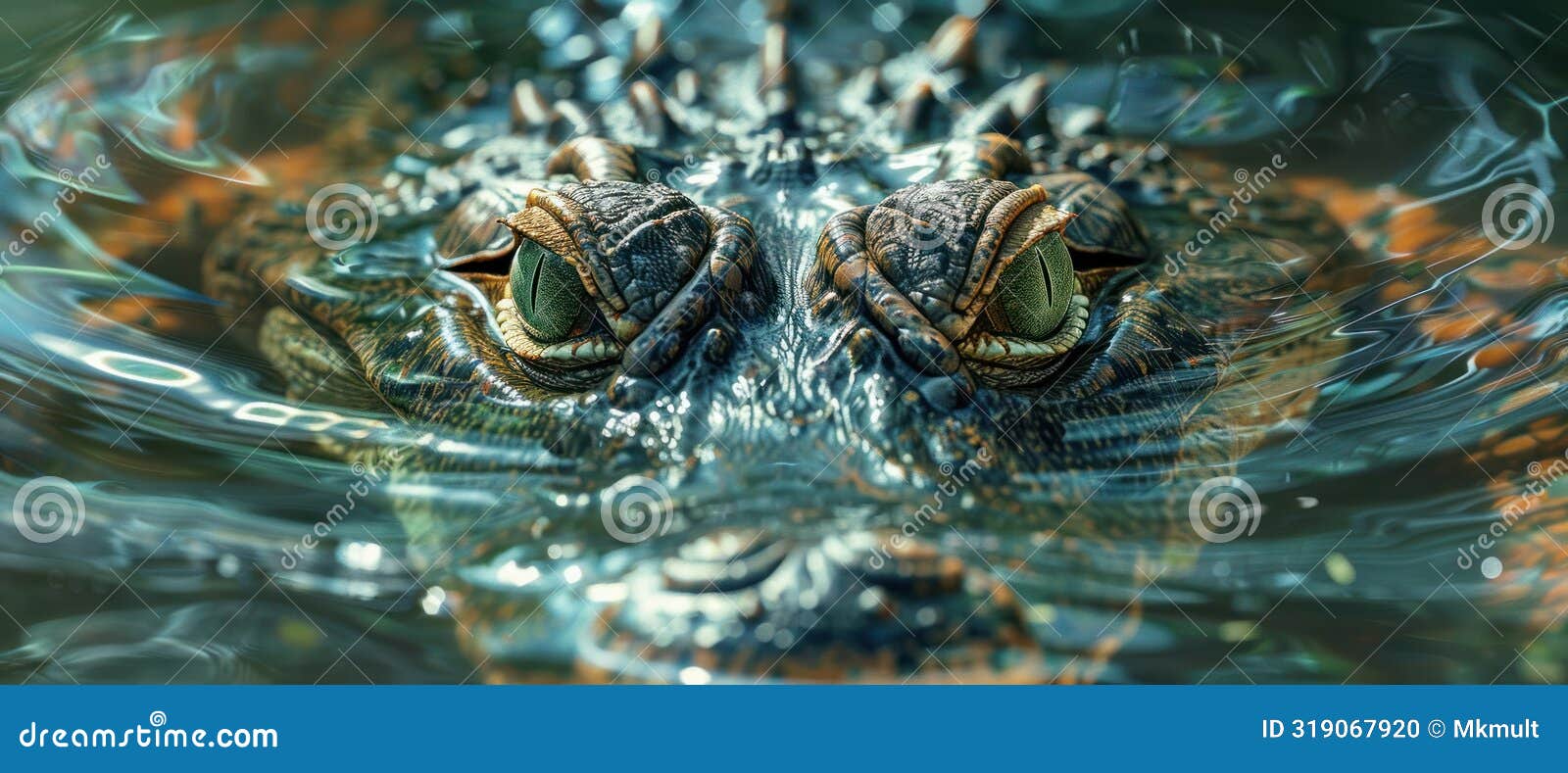 close up of alligators face submerging in water