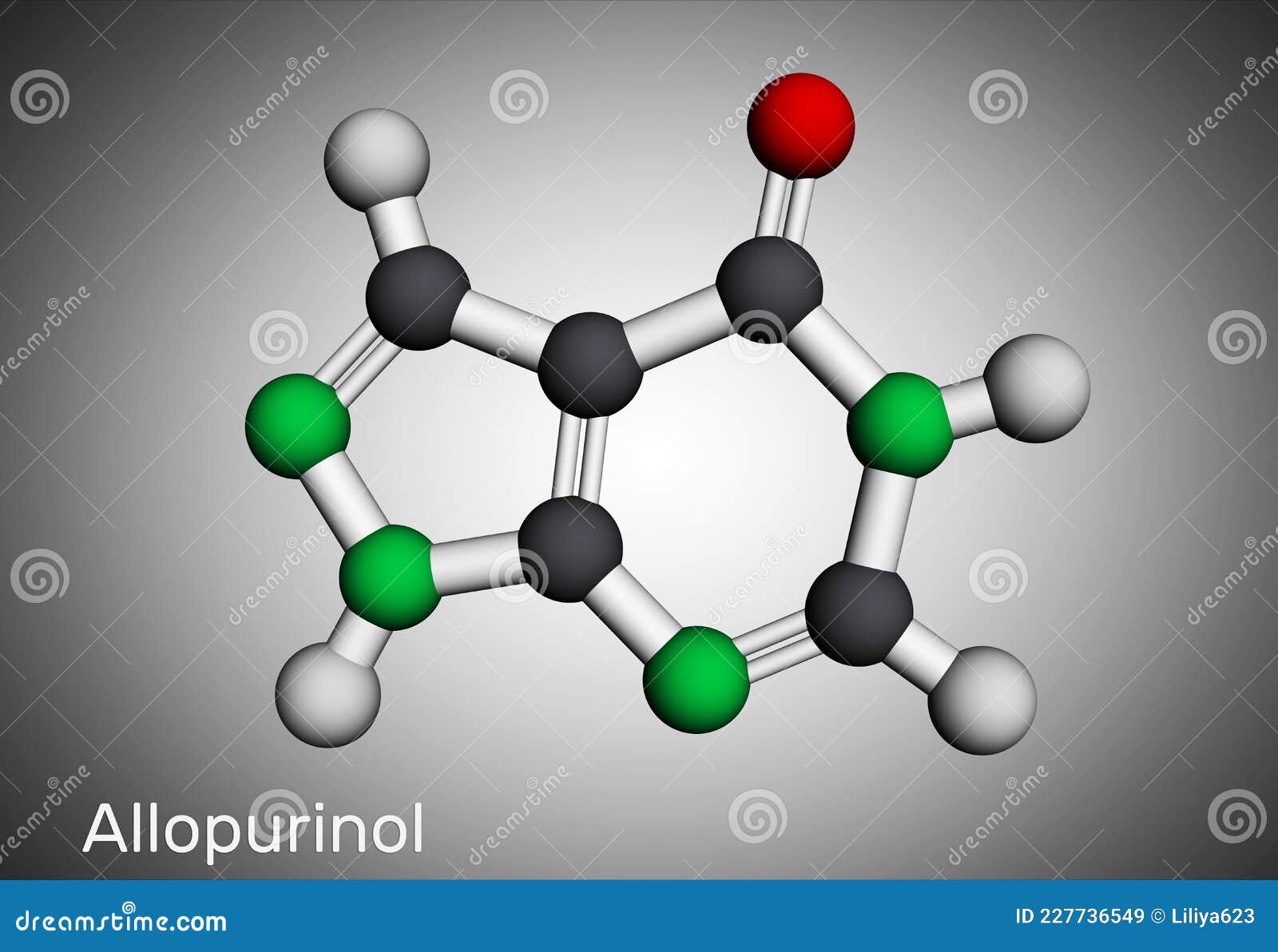 allopurinol molecule. drug is xanthine oxidase inhibitor, used to decrease high blood uric acid levels. molecular model