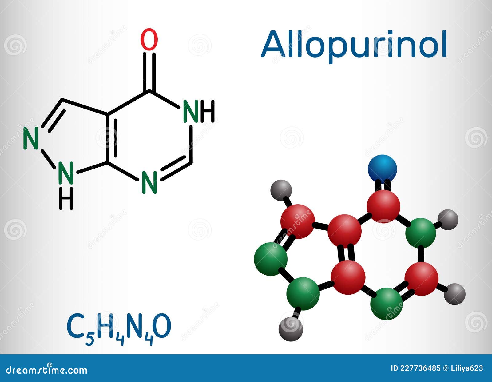 allopurinol molecule. drug is xanthine oxidase inhibitor, used to decrease high blood uric acid levels. structural