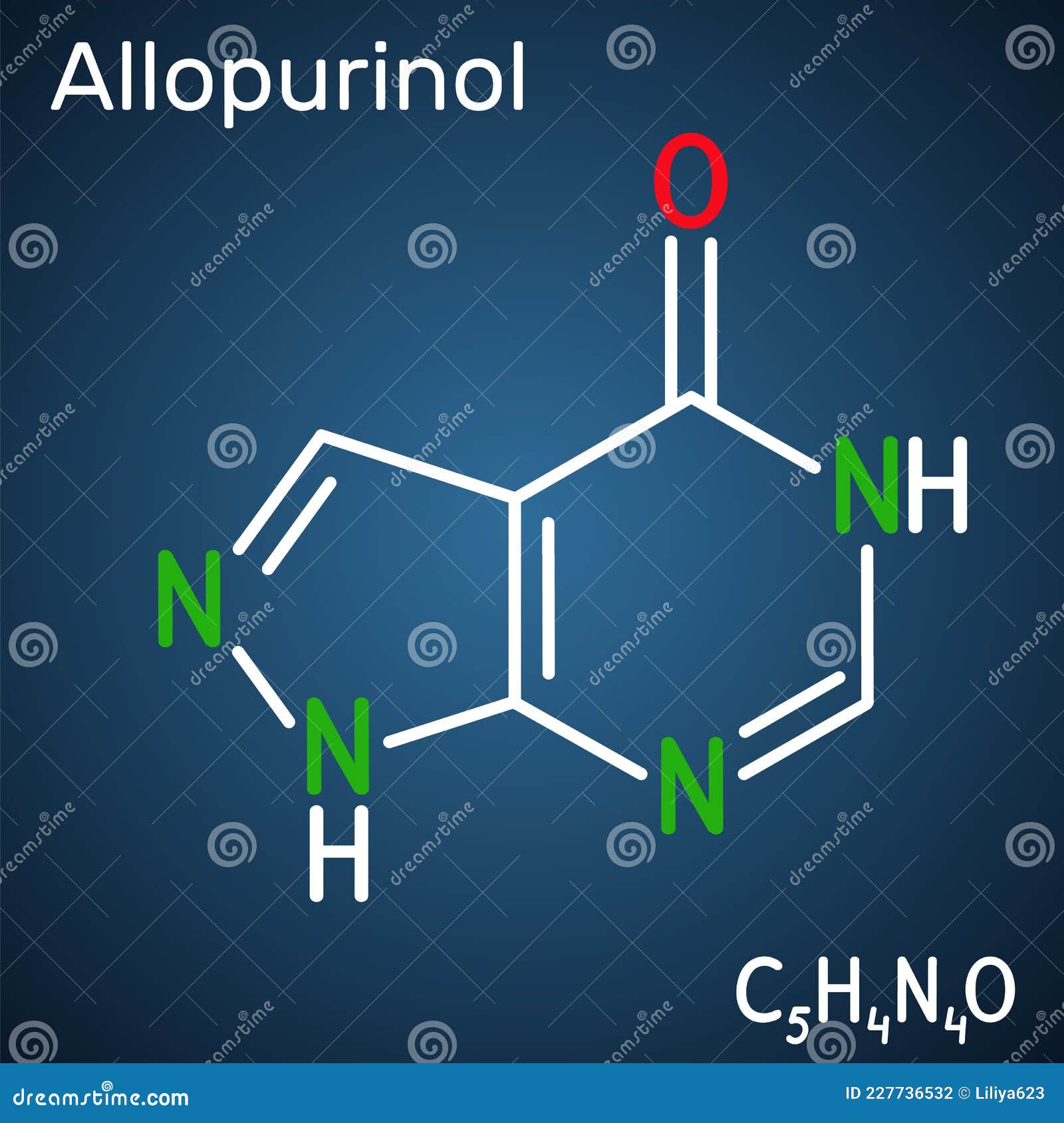allopurinol molecule. drug is xanthine oxidase inhibitor, used to decrease high blood uric acid levels. structural