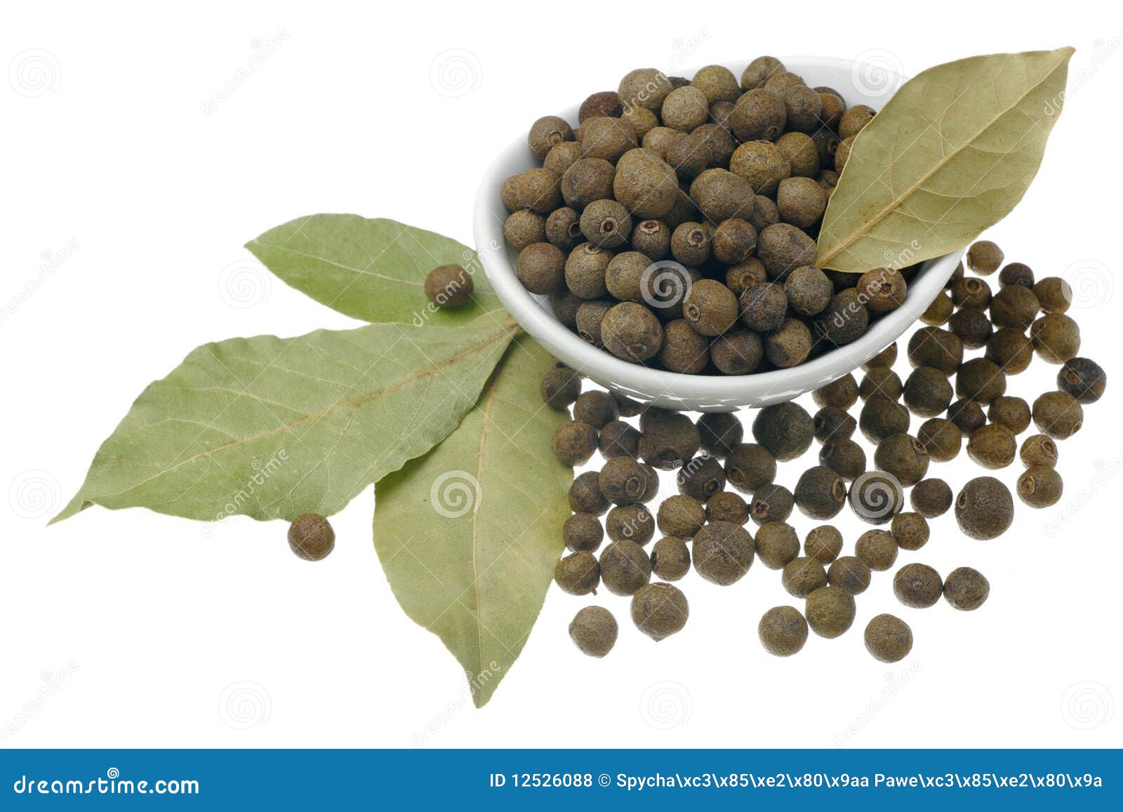 Allspice and bay leaves. stock photo. Image of nutrition 12526088