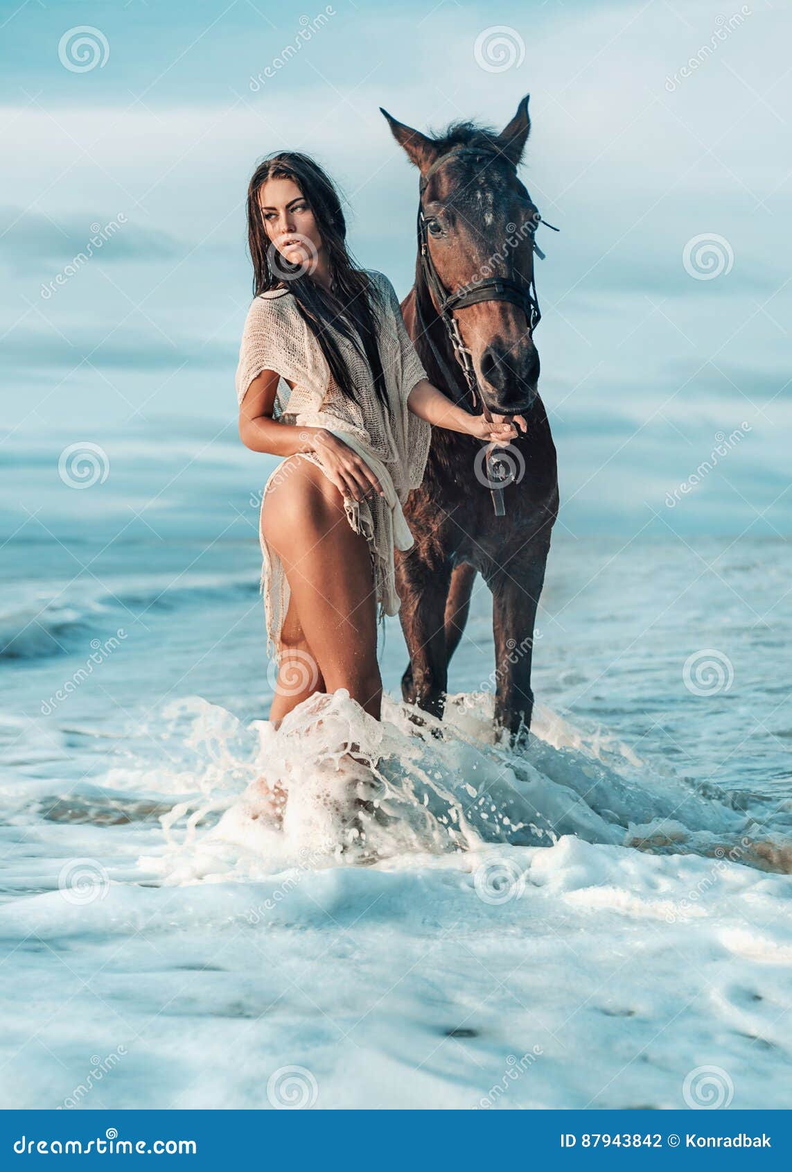 Alluring, Slim Lady With Her Horse Stock Ph