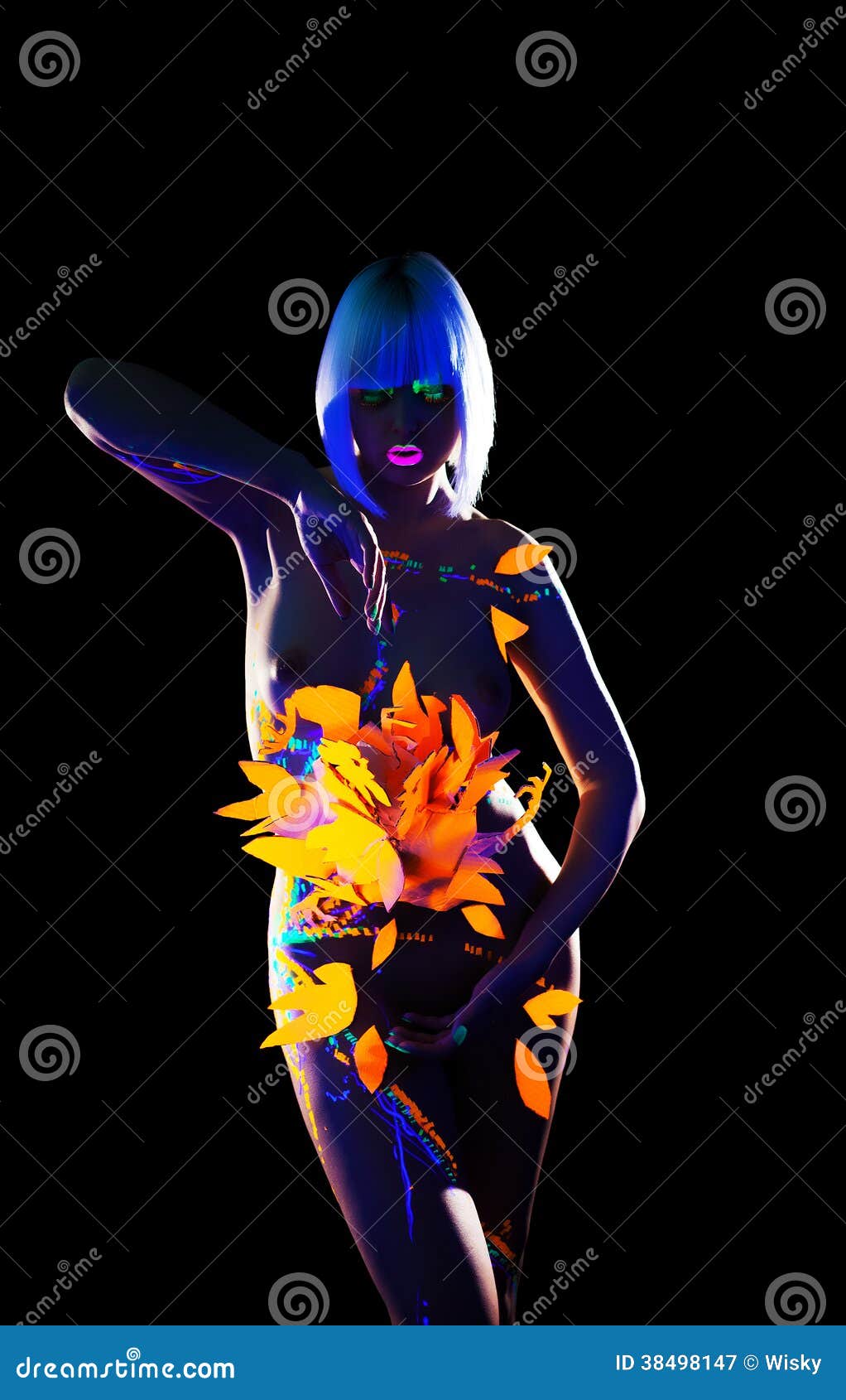 Alluring Slim Woman Posing Naked Under Neon Light Stock Image Image