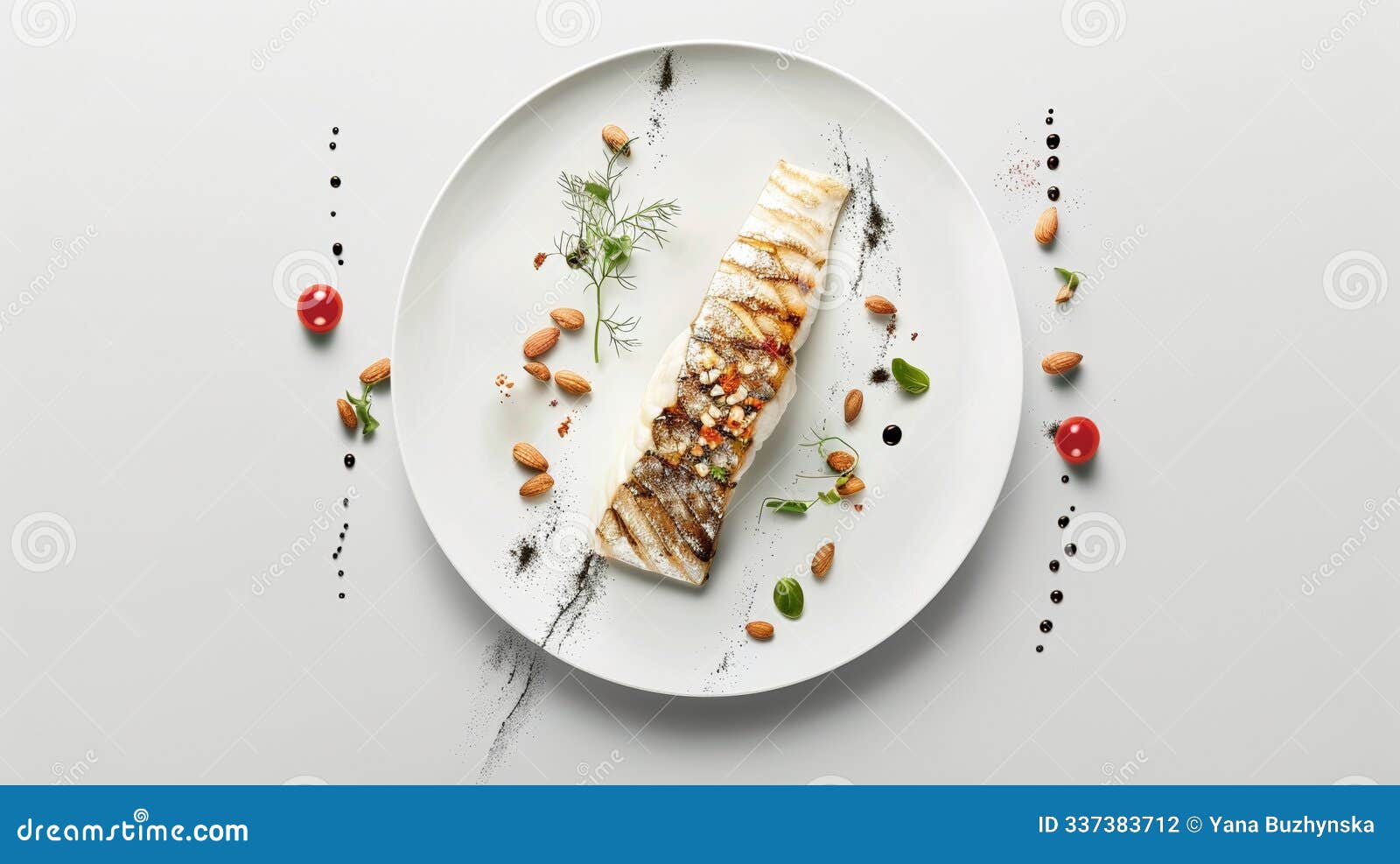 almond-crusted turbot meuniÃÂ¨re: central display on white background, highlighting colors and textures