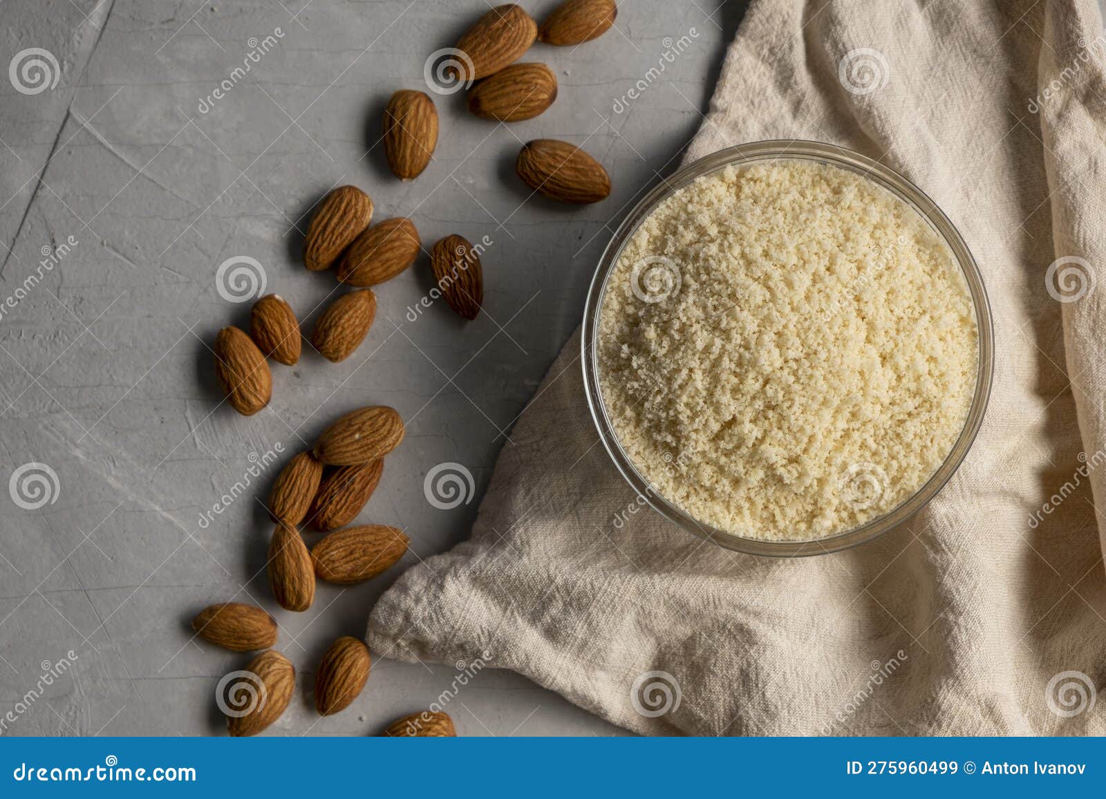 Almond Flour and Almonds in Bowls. Gluten Free Food Concept. Stock