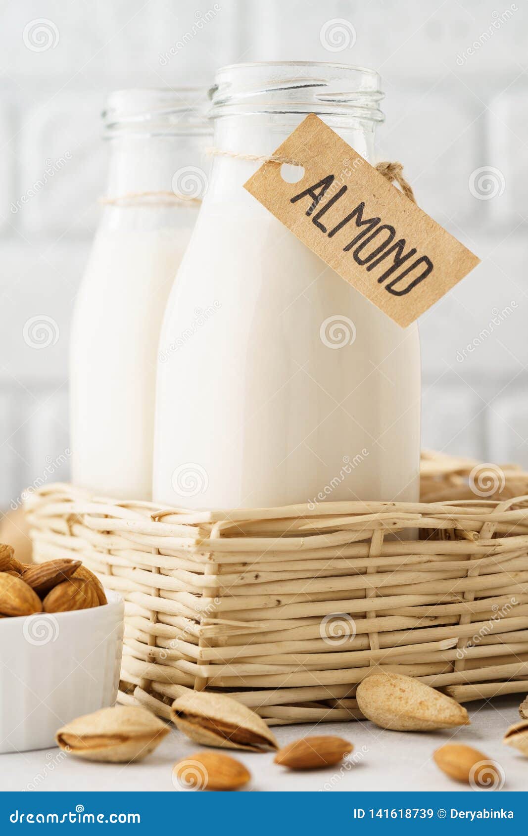 Almond Milk In A Bottle With Tag And Raw Ingredients Stock Image Image of natural, healthy