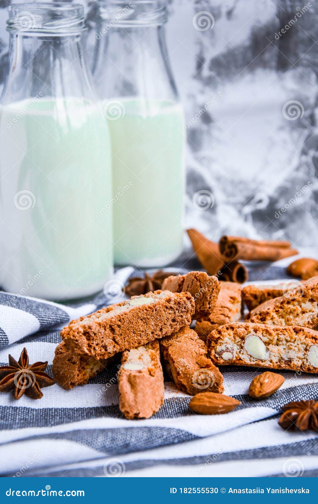 Almond Milk in Bottles with Cantuccini Cookie Biscuits with Almonds ...