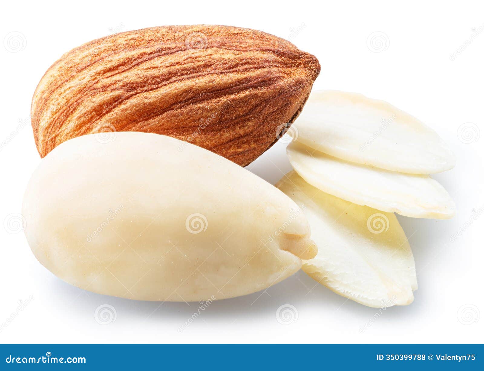 almond nut and blanched almonds  on white background. file contains clipping path