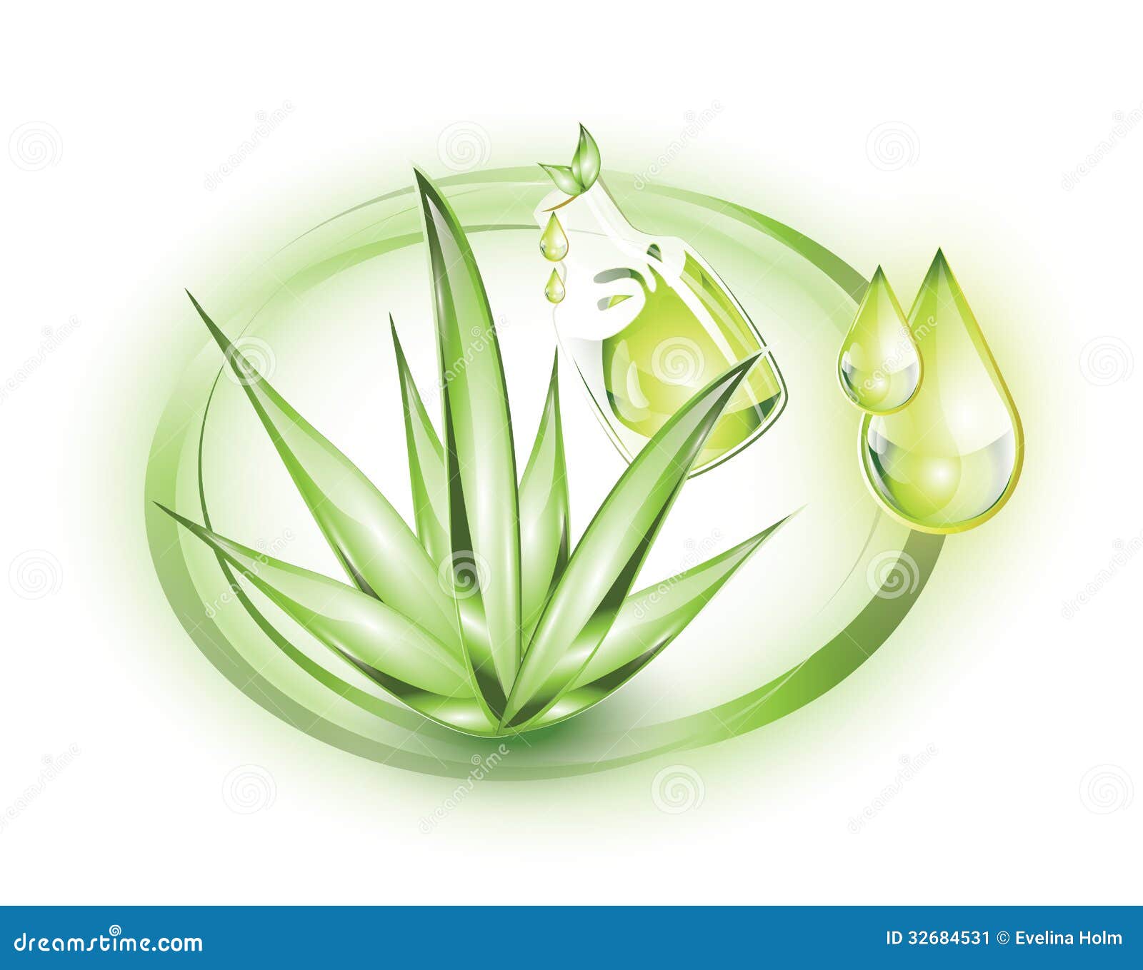 Aloe vera plant with extract from it in a bottle, in green circles.