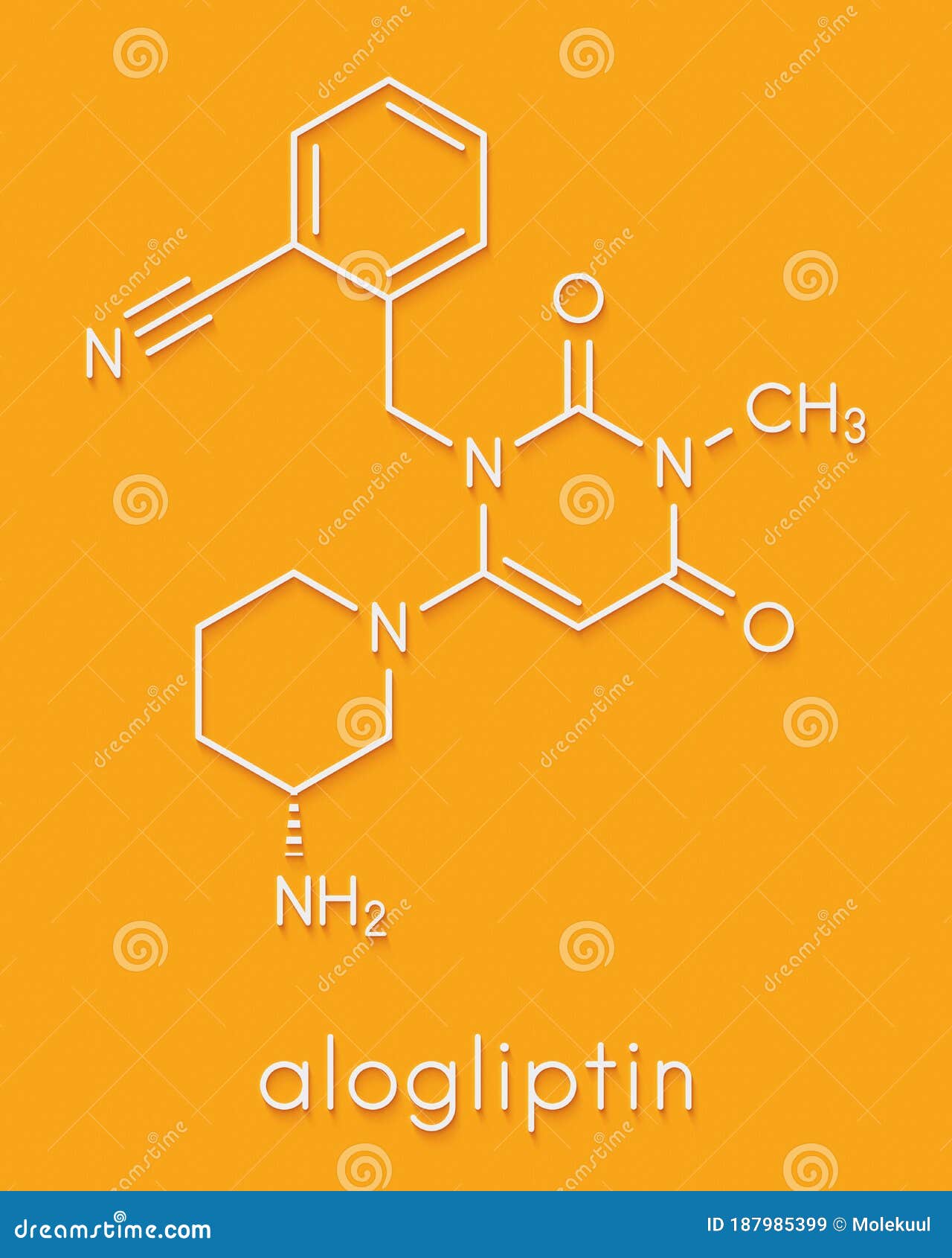 alogliptin diabetes drug molecule. belongs to dipeptidyl peptidase 4 dpp-4 or gliptin class of antidiabetic medicines. skeletal.