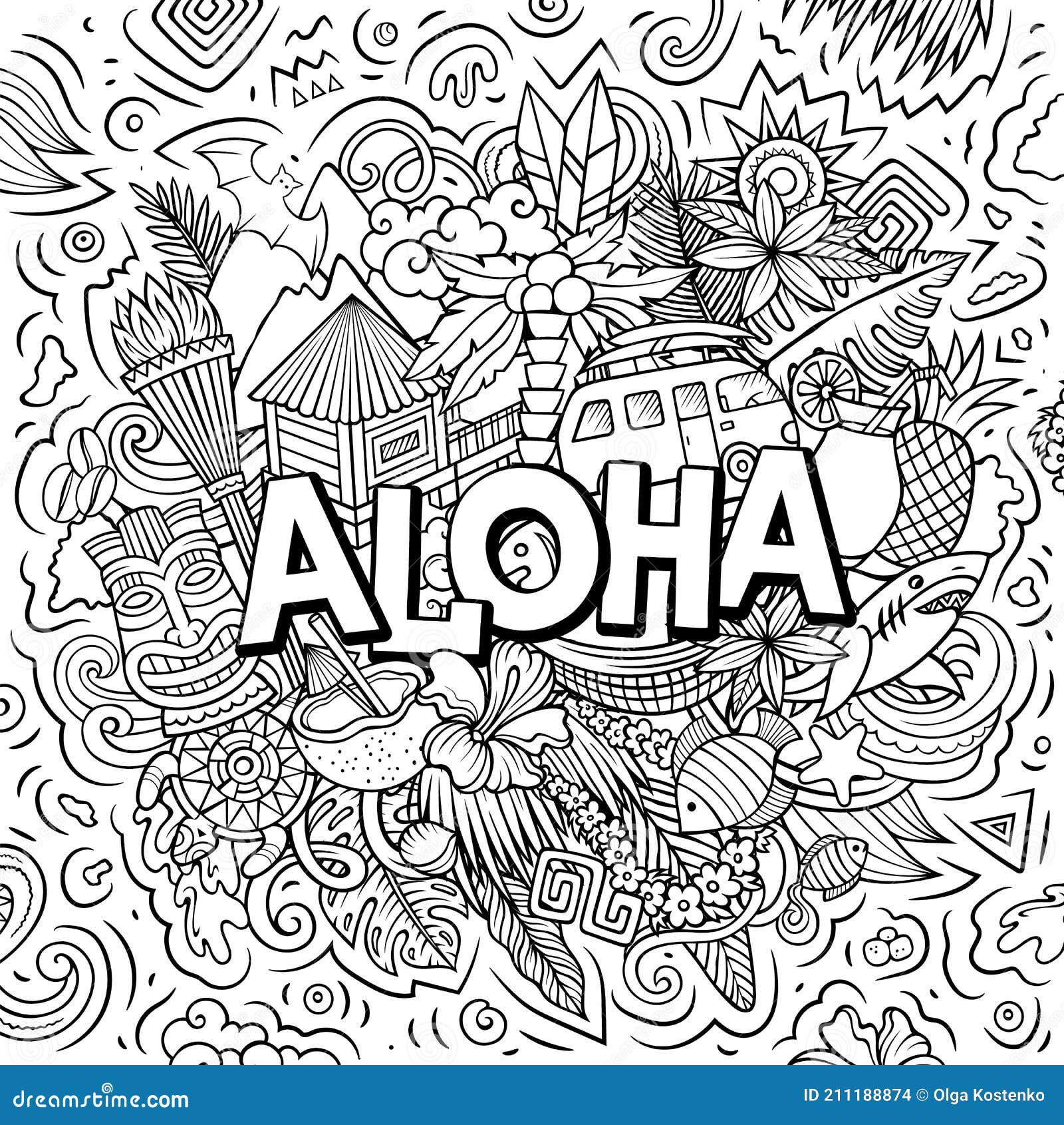 Aloha Hand Drawn Cartoon Doodle Illustration Funny Hawaiian Design Stock Vector Illustration