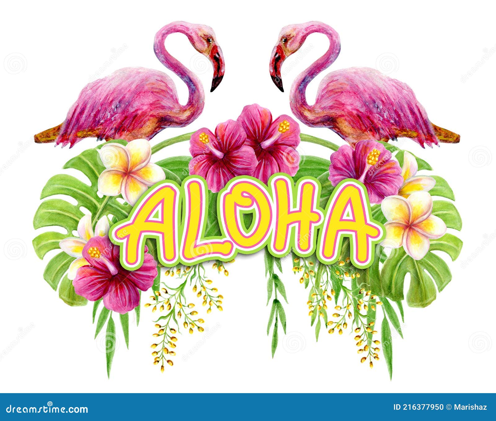 aloha hawaii greeting. hand drawn watercolor painting with two pink flamingo, chinese hibiscus rose flowers and palm leave