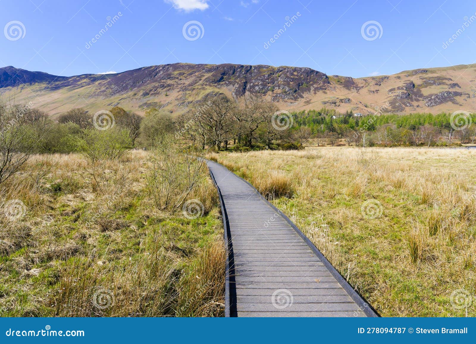 Along A Curved Boardwalk At Derwent Water Towards Maiden Moor And Cat Bells Fell Stock Image