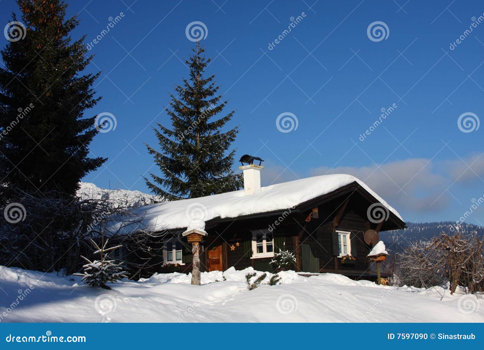 L'hiver traditionnel neigeux d'horizontal de maison d'alpes