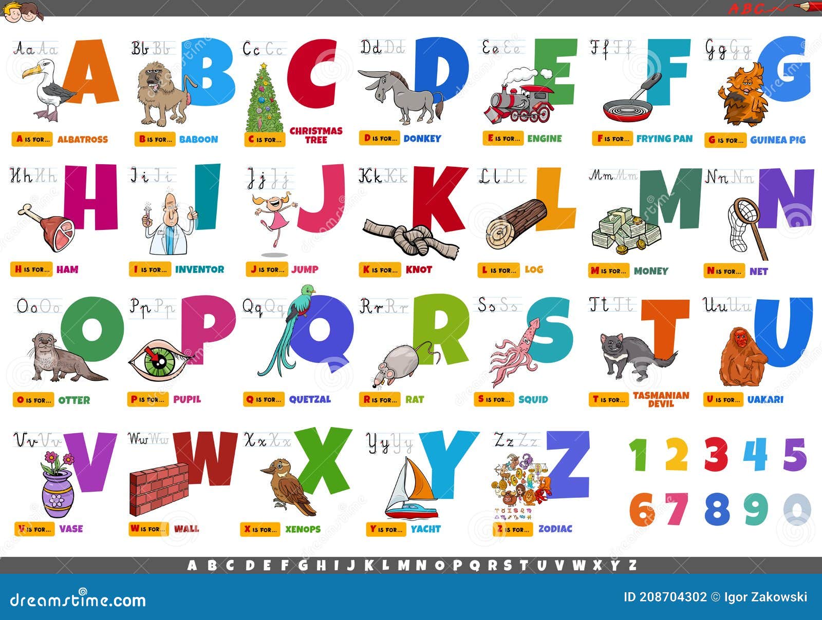 Alphabet with Cartoon Characters and Objects Educational Set Stock Vector -  Illustration of board, font: 208704302