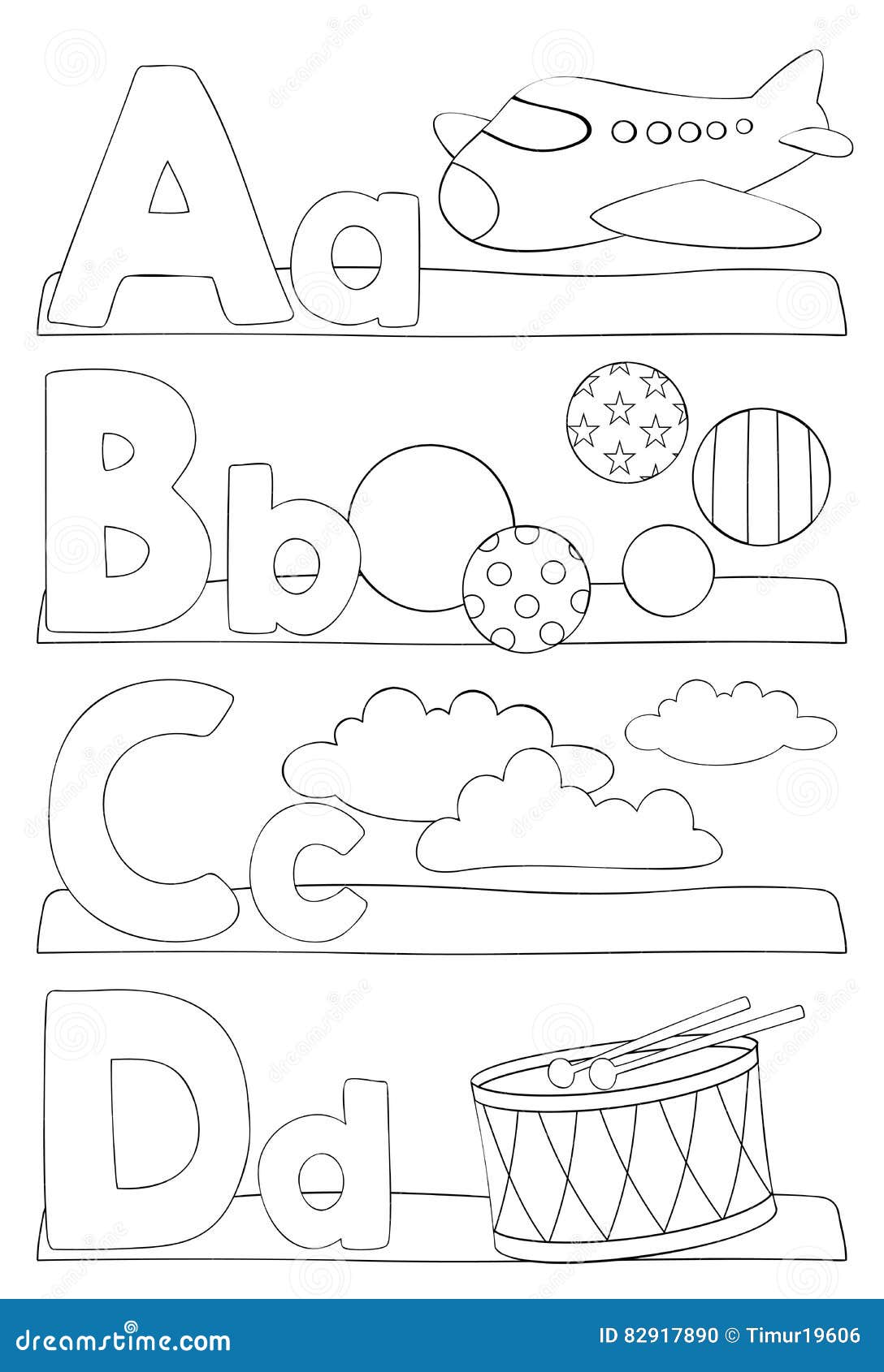 alphabet coloring page letters a b c d stock vector