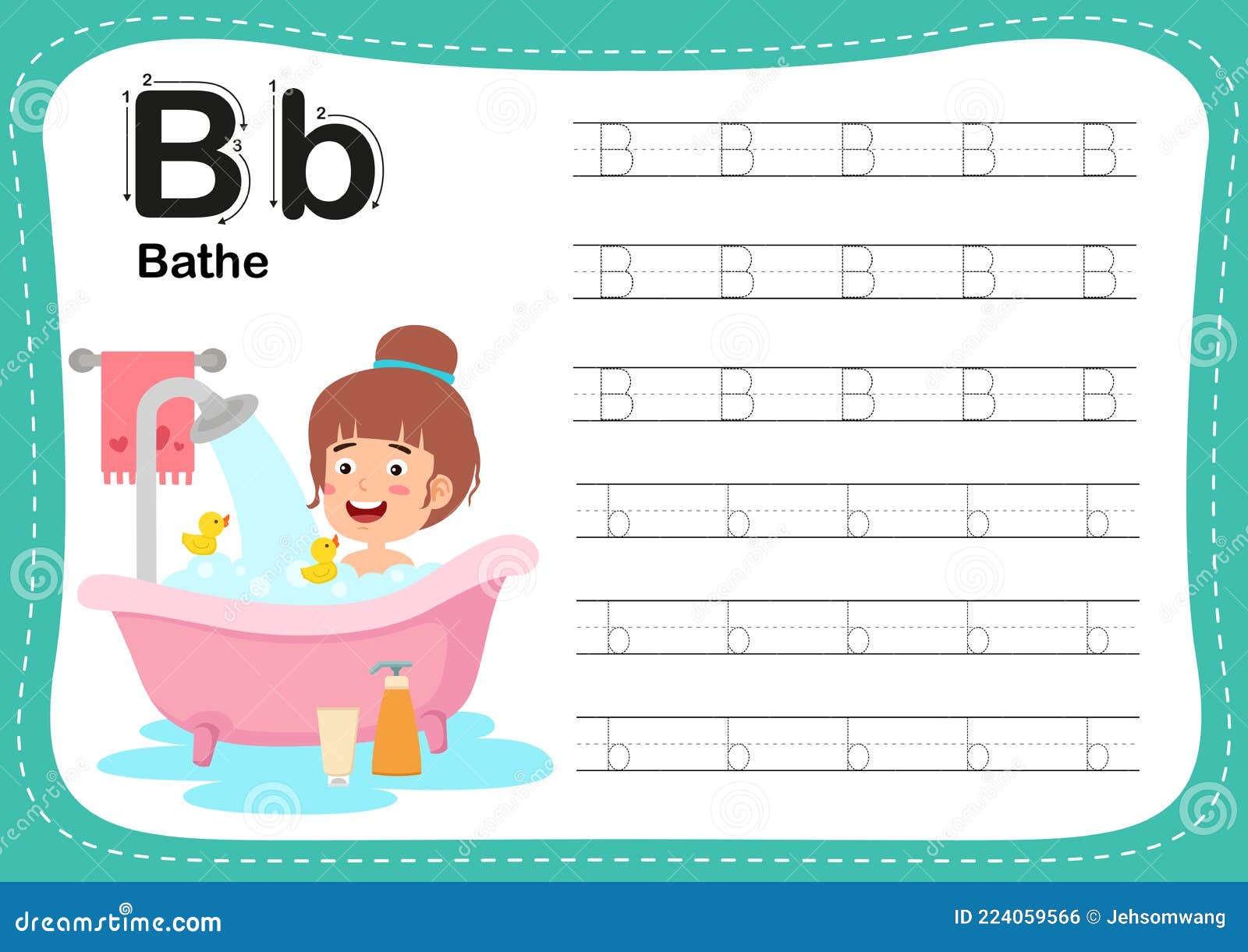 alphabet letter b - bathe exercise with cut girl vocabulary