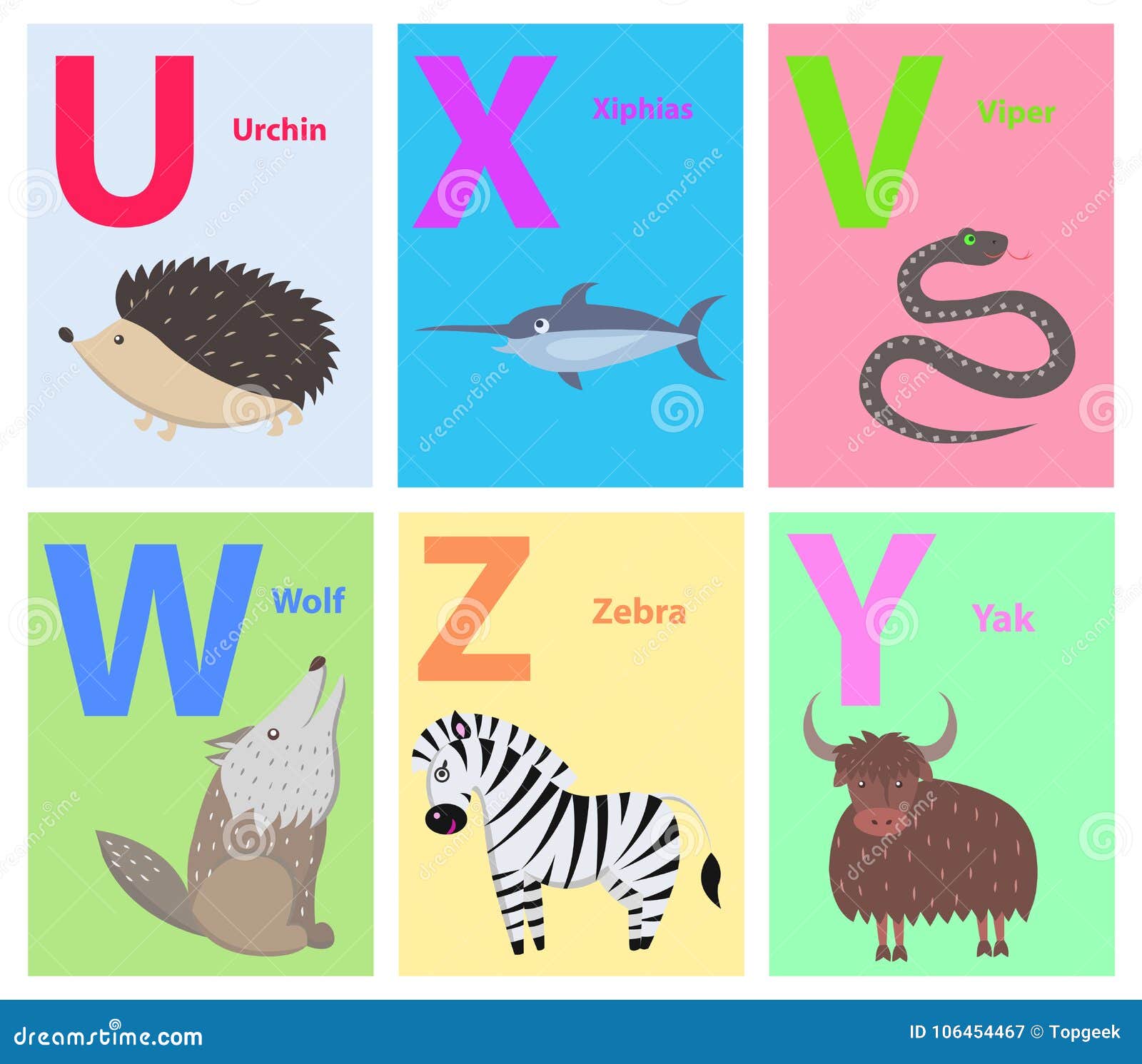 Alphabet Letters U, X, V, W, Z, Y Set with Animal Stock Vector -  Illustration of colorful, cartoon: 106454467