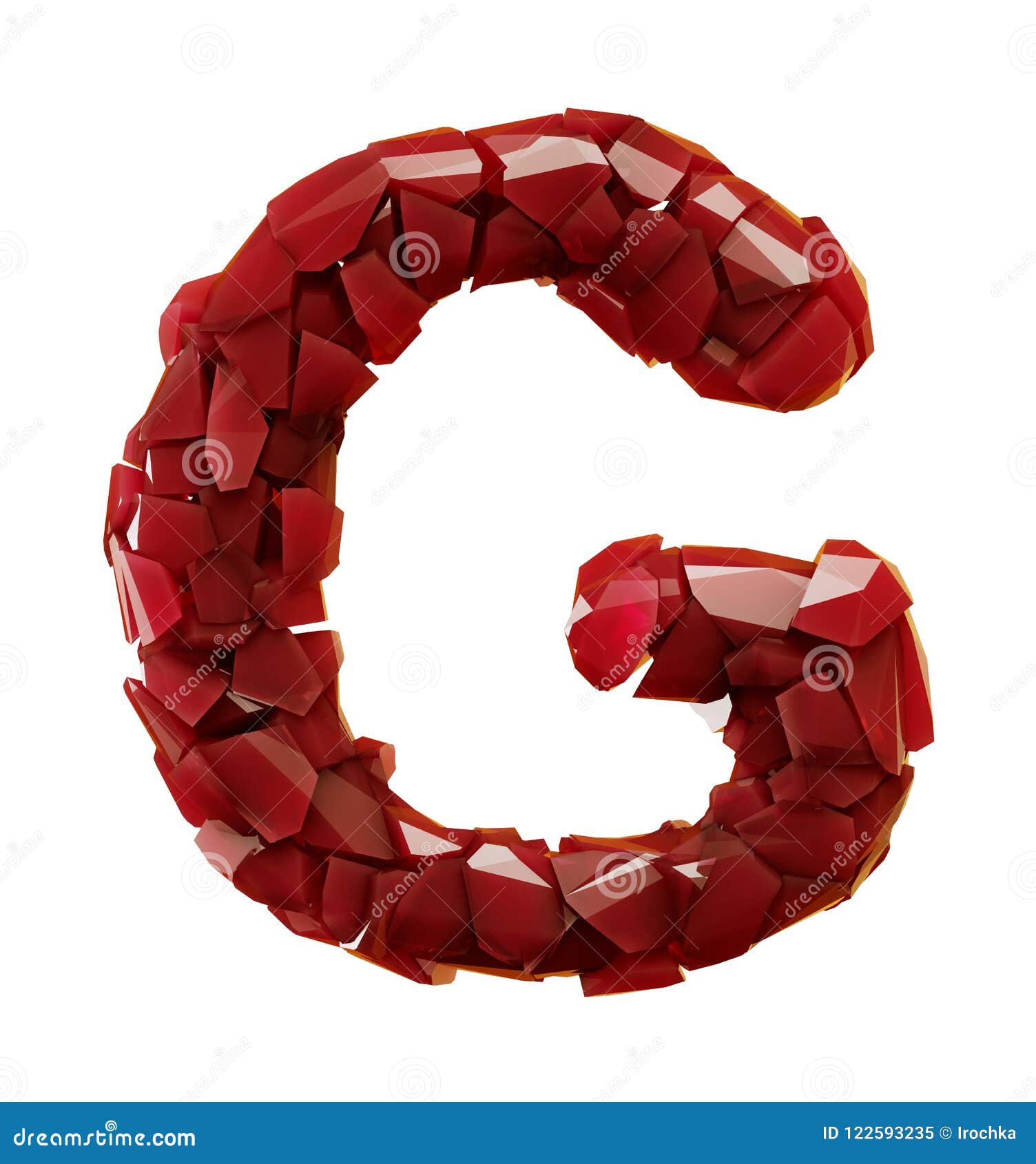 alphabet made of plastic shards red color  on white background- letter g