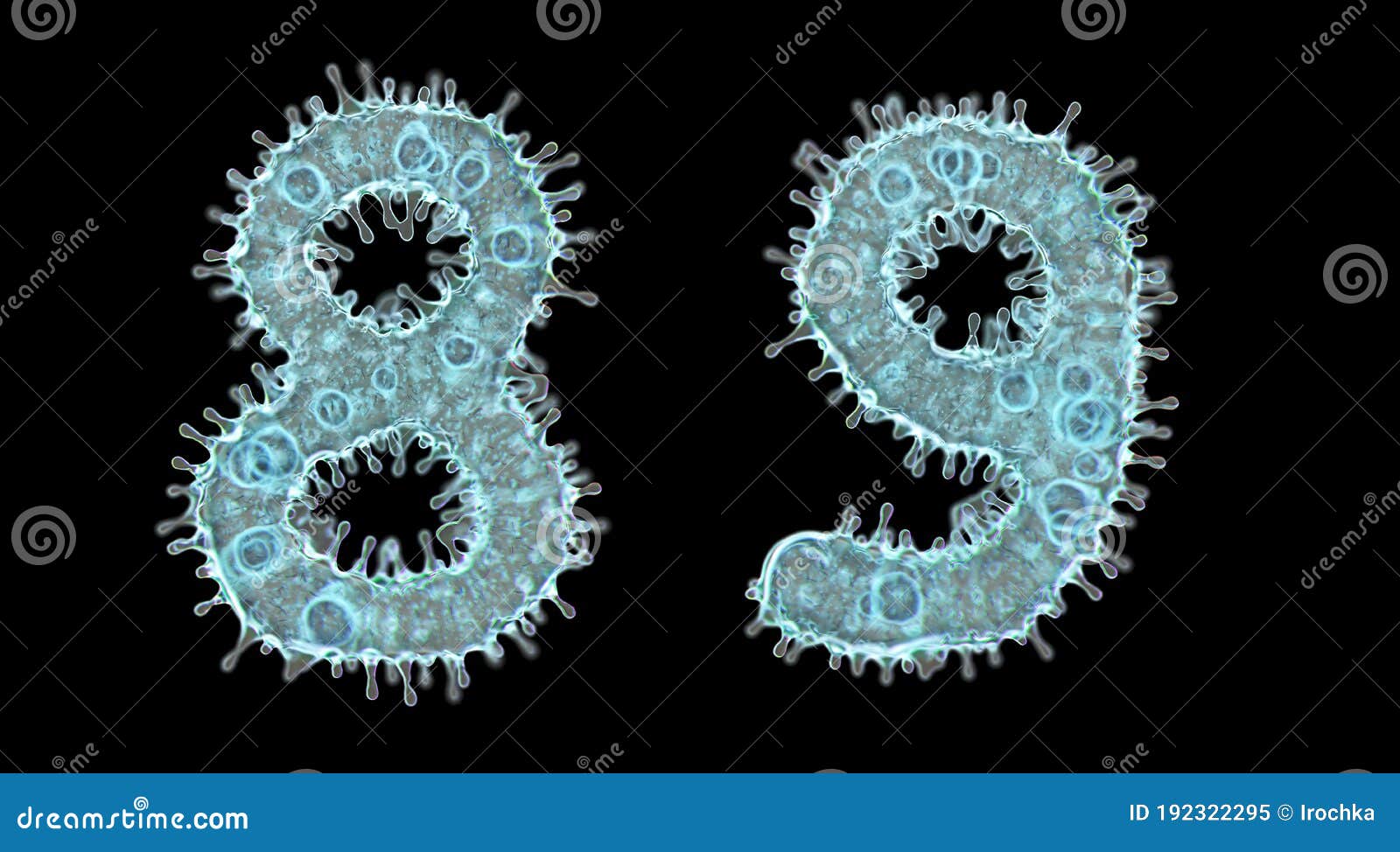 alphabet made of virus  on black background. set of numbers 8, 9. 3d rendering. covid font