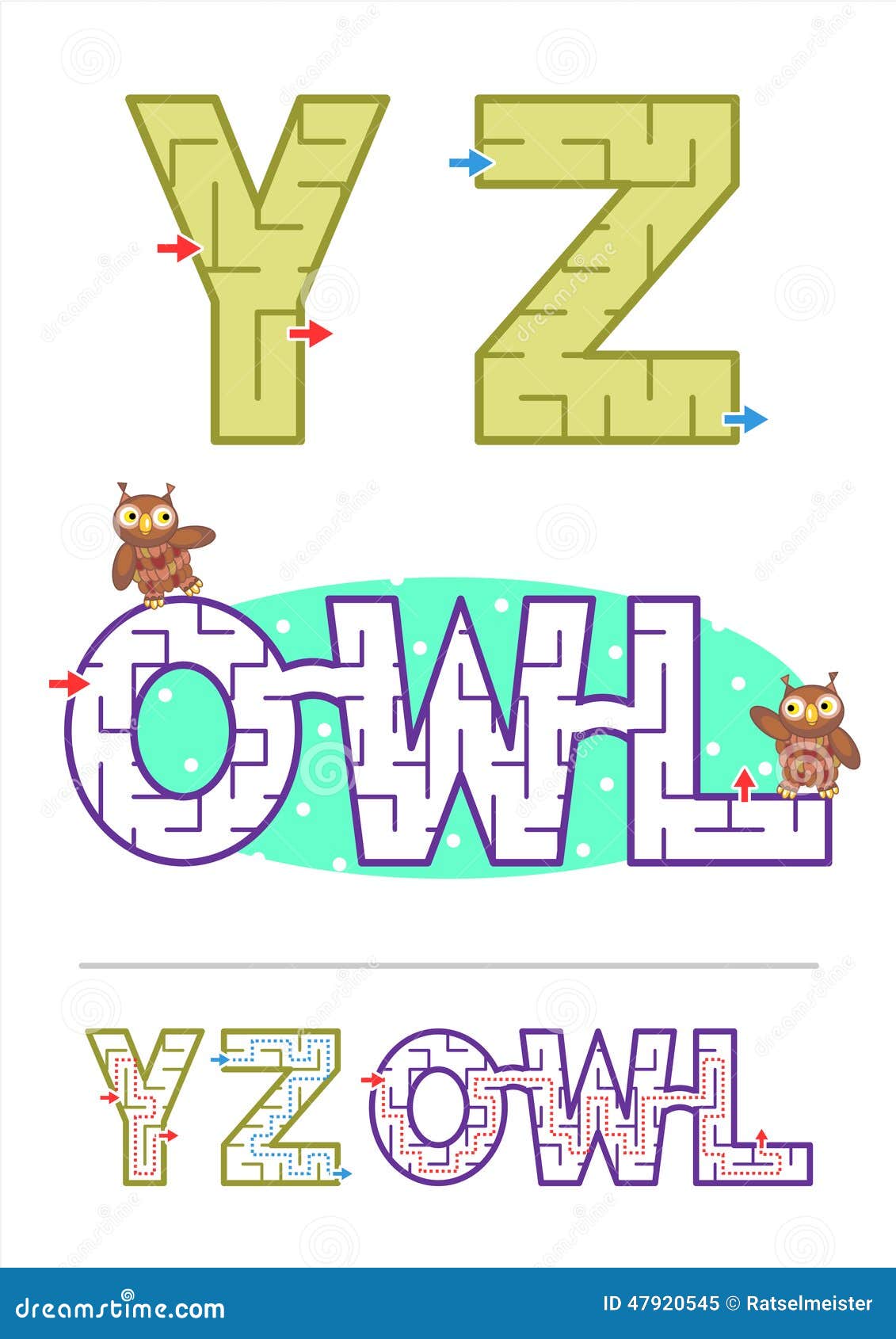 alphabet maze games y, z and word maze owl