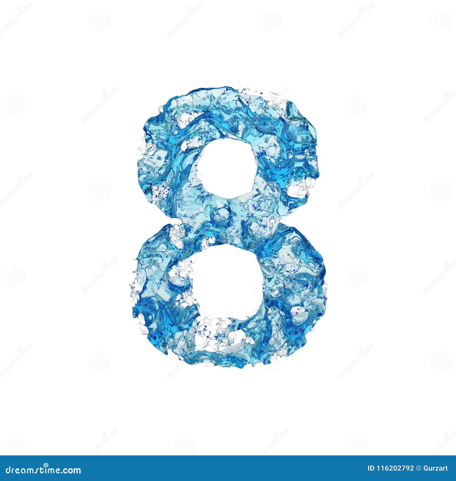 alphabet number 8. liquid font made of blue transparent water. 3d render  on white background.