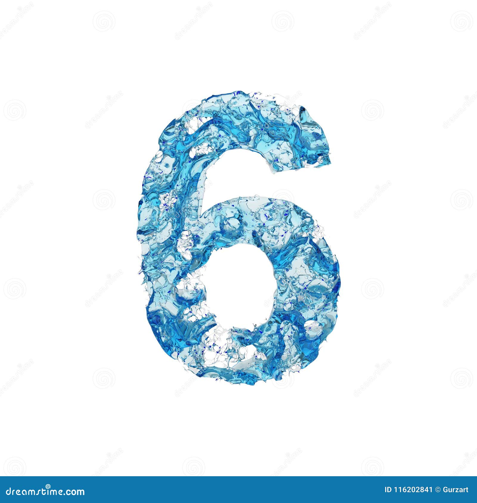 alphabet number 6. liquid font made of blue transparent water. 3d render  on white background.