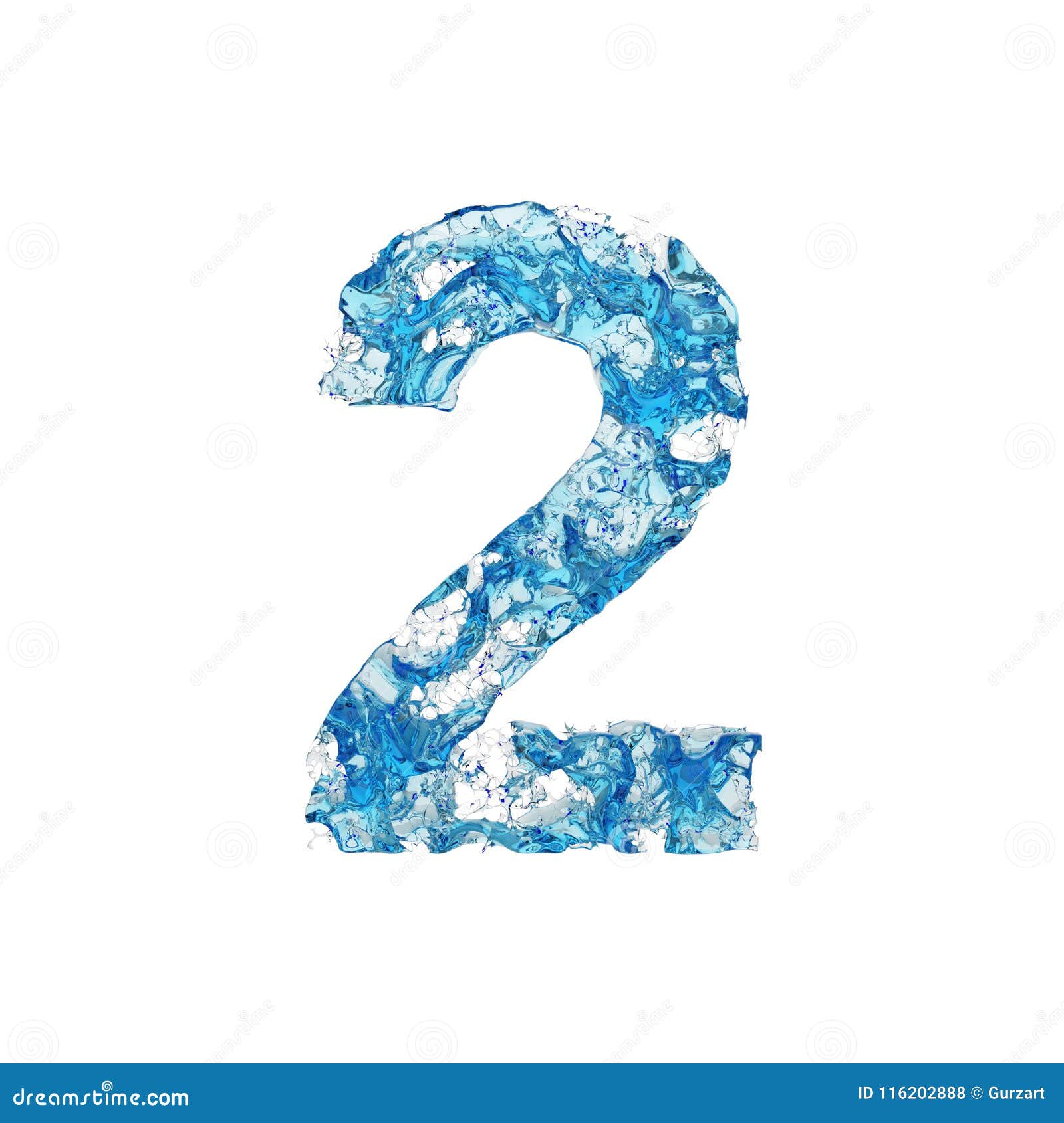alphabet number 2. liquid font made of blue transparent water. 3d render  on white background.