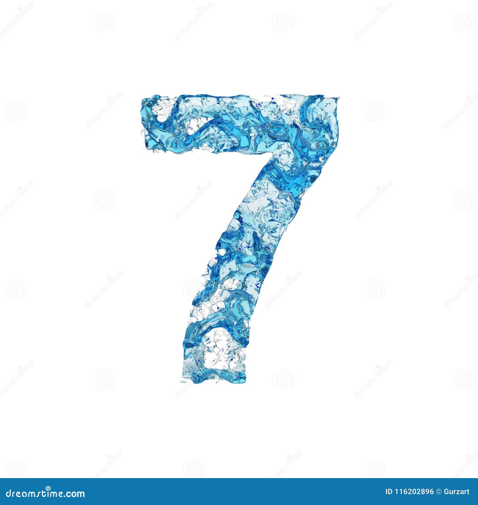 alphabet number 7. liquid font made of blue transparent water. 3d render  on white background.