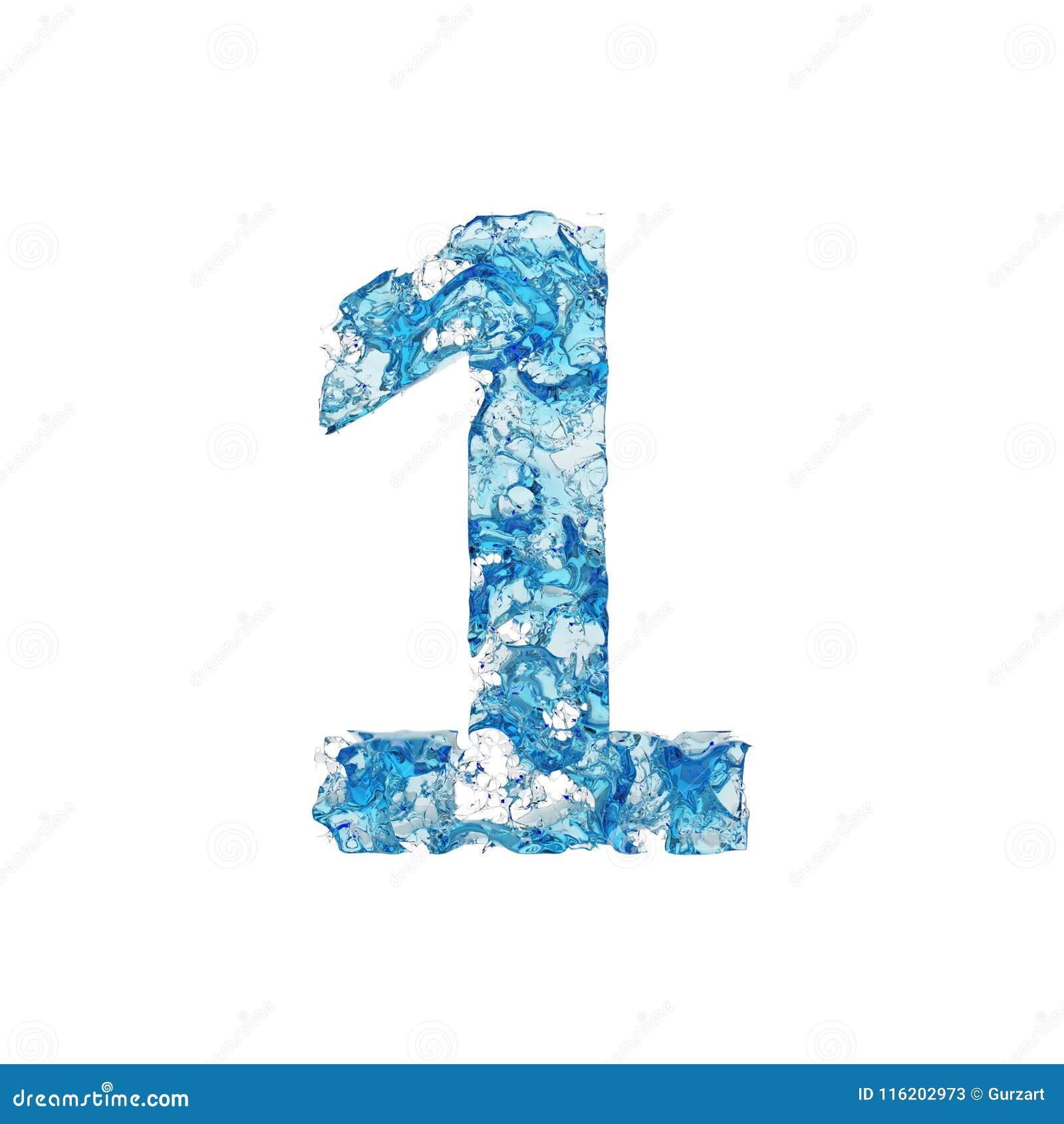 alphabet number 1. liquid font made of blue transparent water. 3d render  on white background.