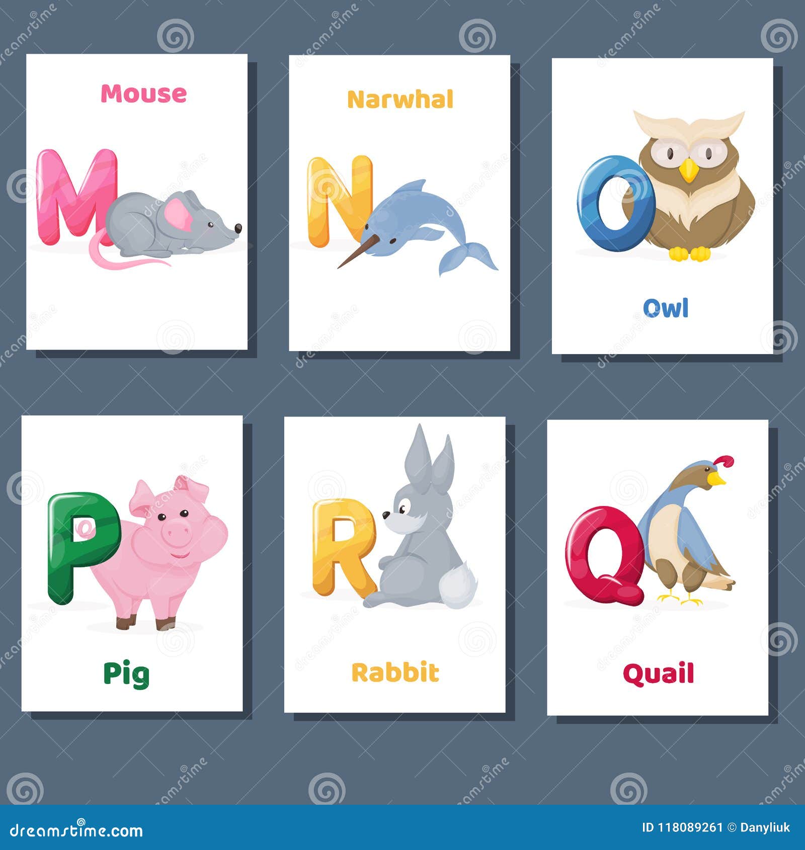 Alphabet Printable Flashcards Vector Collection with Letter M N O P Q R.  Zoo Animals for English Language Education. Stock Vector - Illustration of  learn, children: 118089261