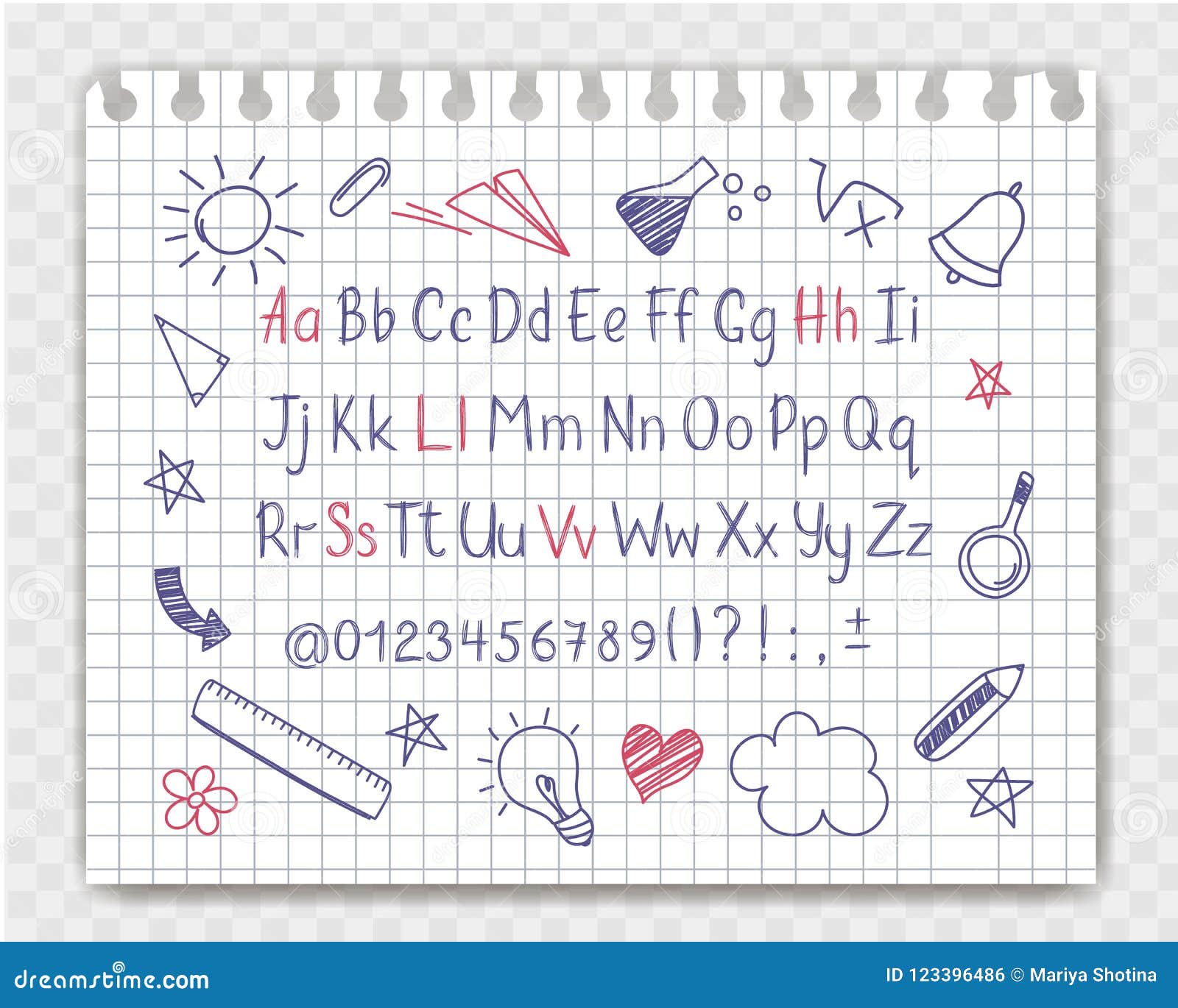 alphabet in sketchy style with school doodles on copybook sheet.
