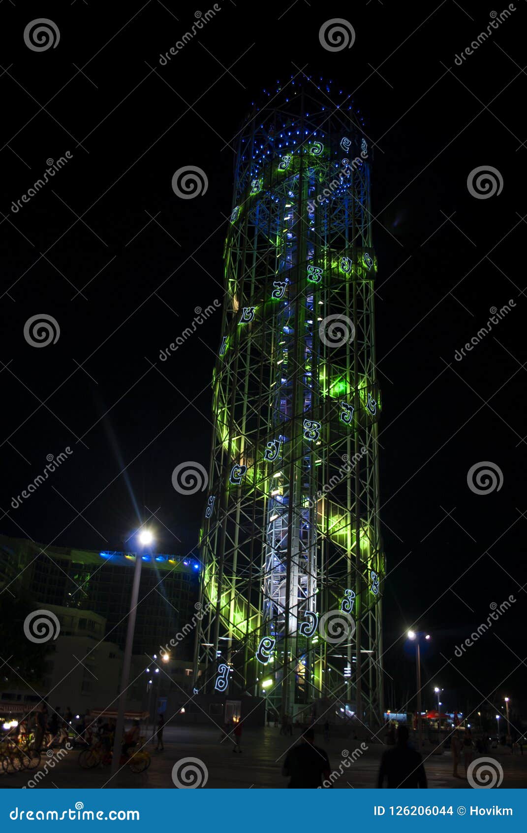 alphabetic tower of batumi in the night, georgia