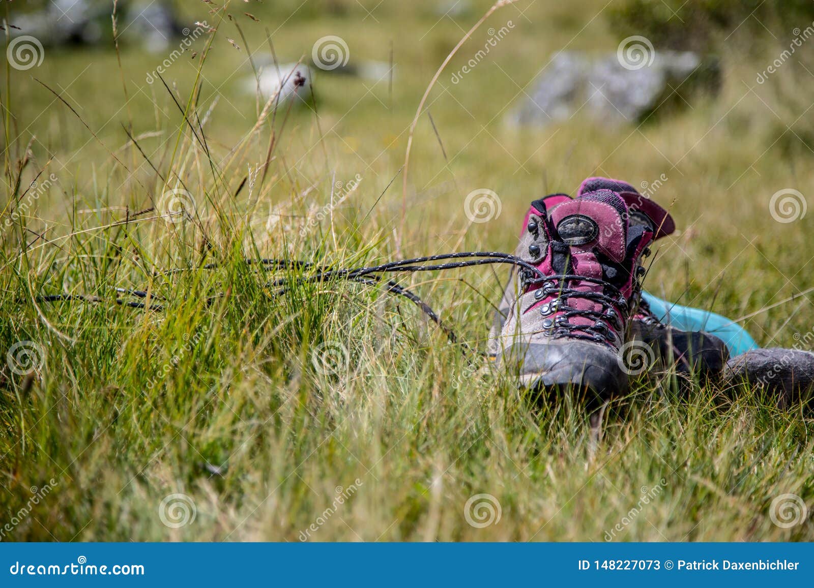 Alpine Boots are Lying in the Grass, Hiking Trip Stock Image Image of