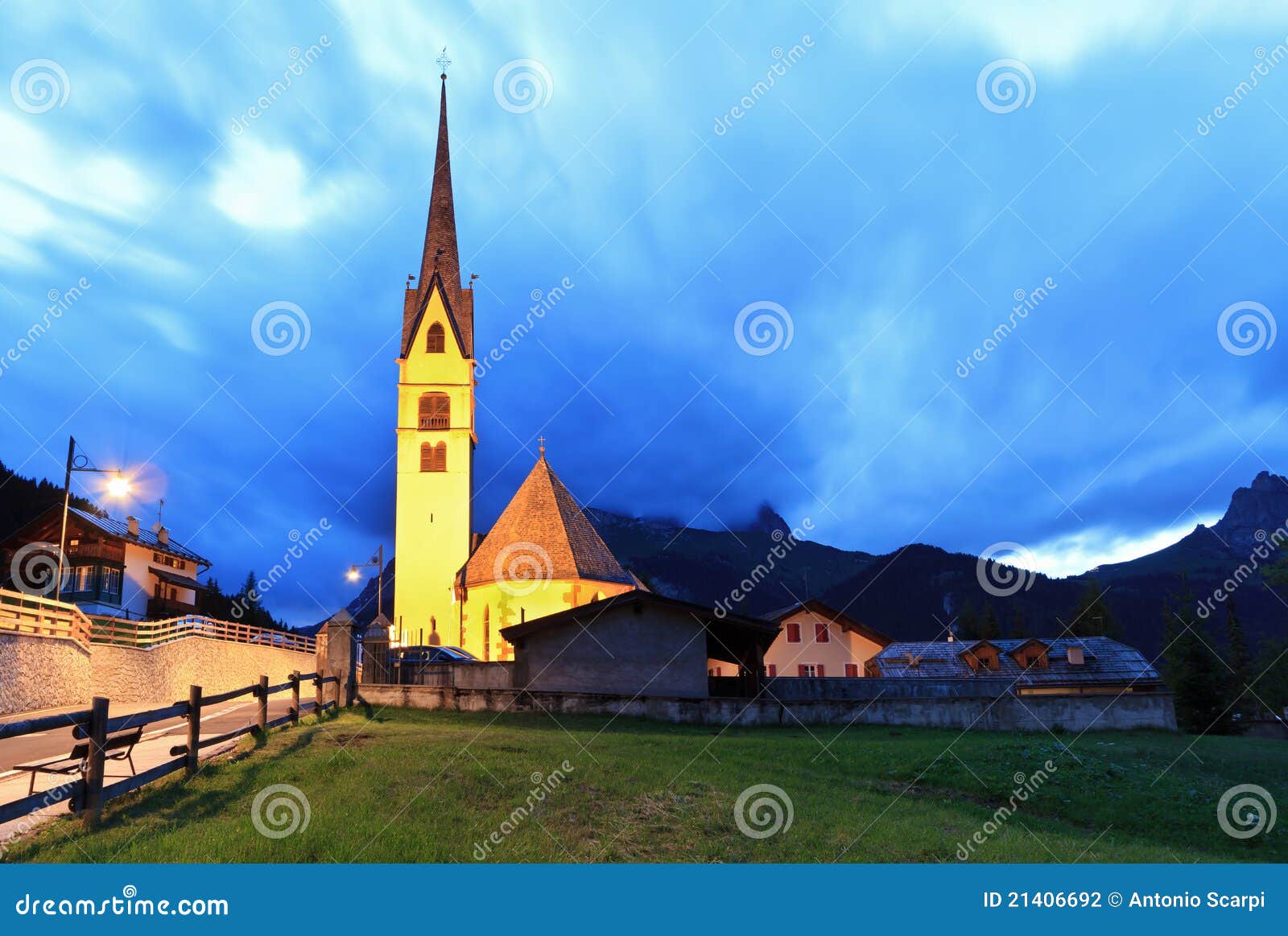 Alpine church at evening stock photo. Image of scenic 21406692