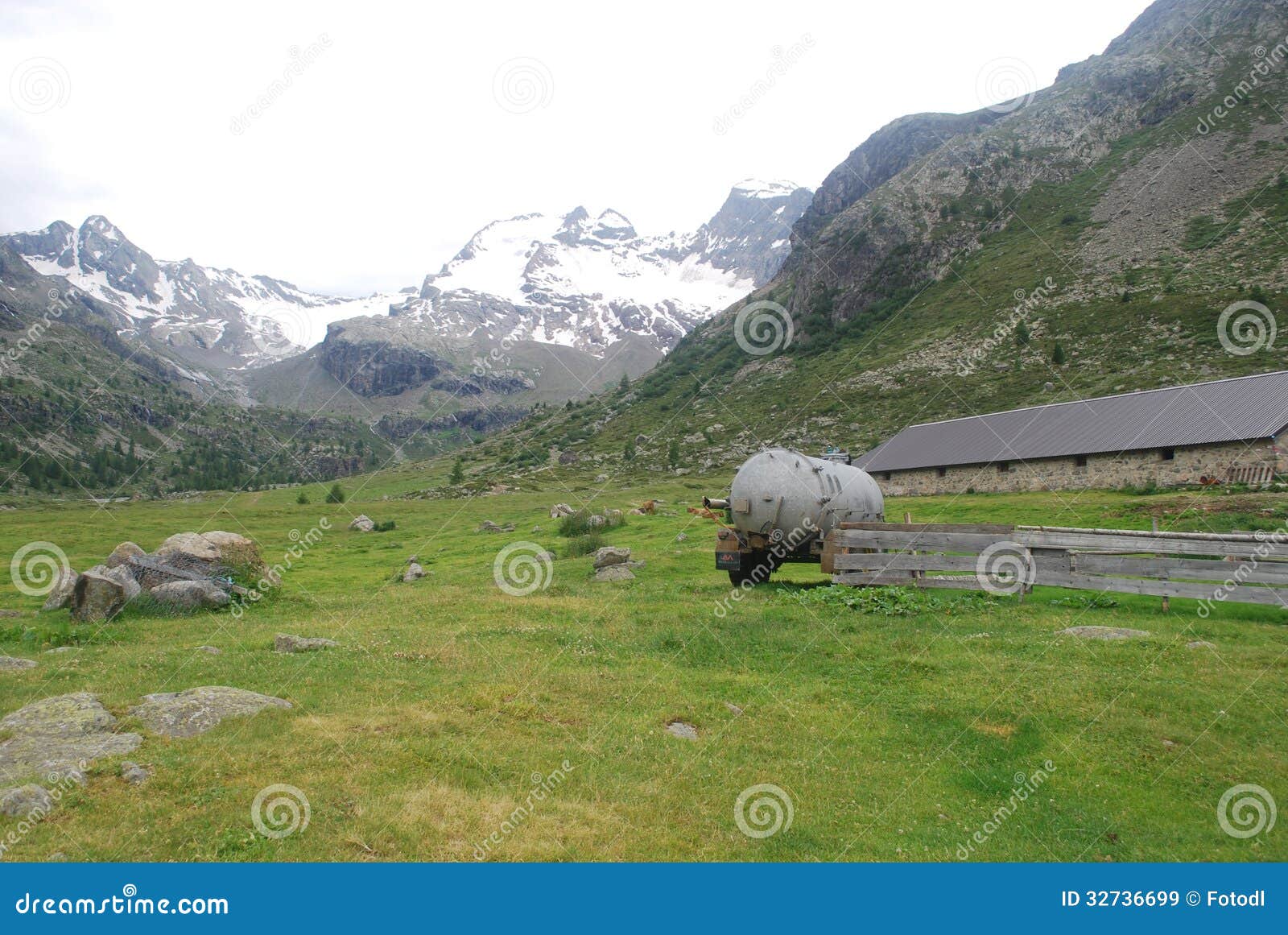 Alpine farm stock image. Image of tractor, meadow, mountains 32736699