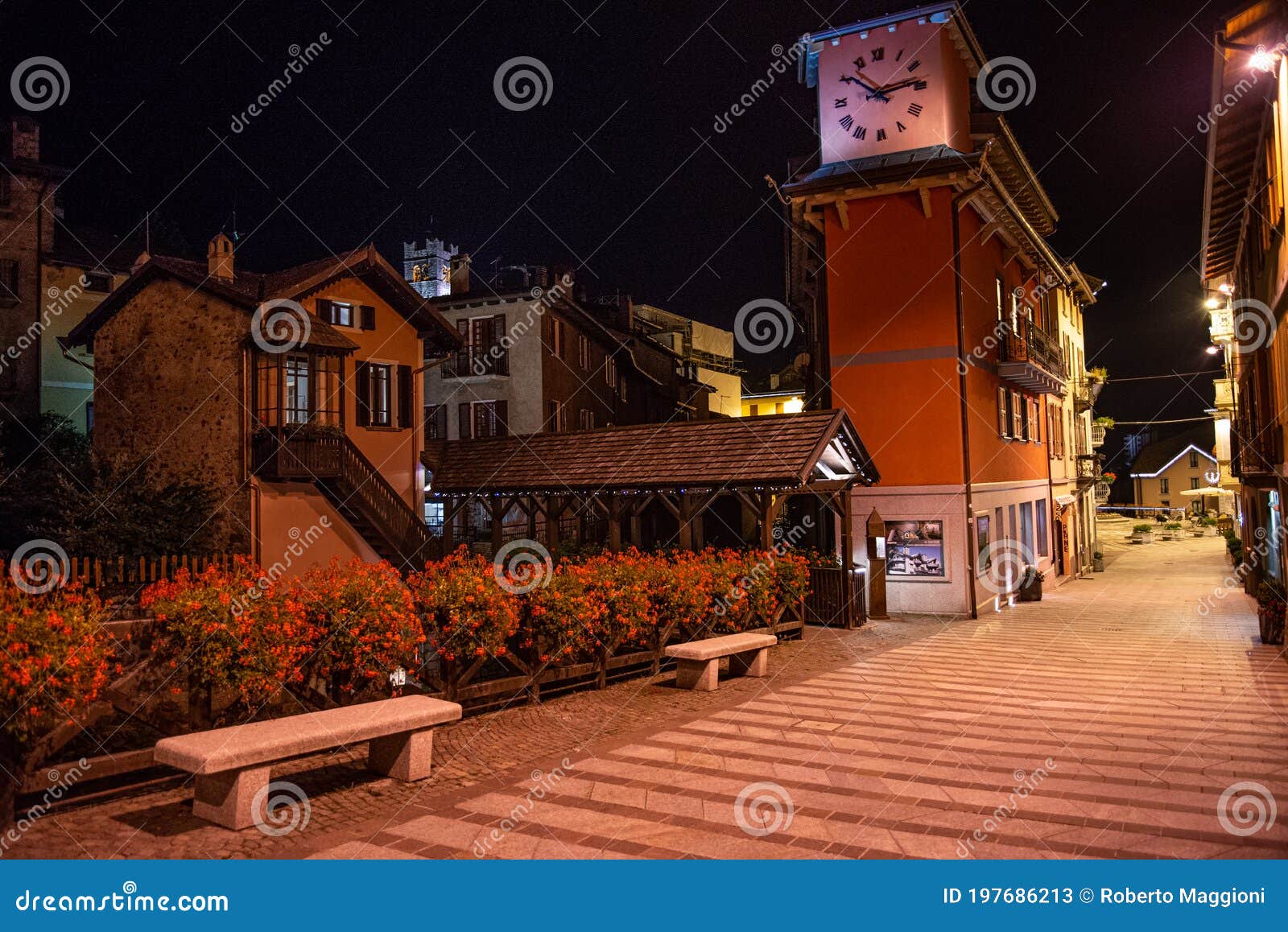 ponte di legno by night, valle camonica valley, lombardy italy.