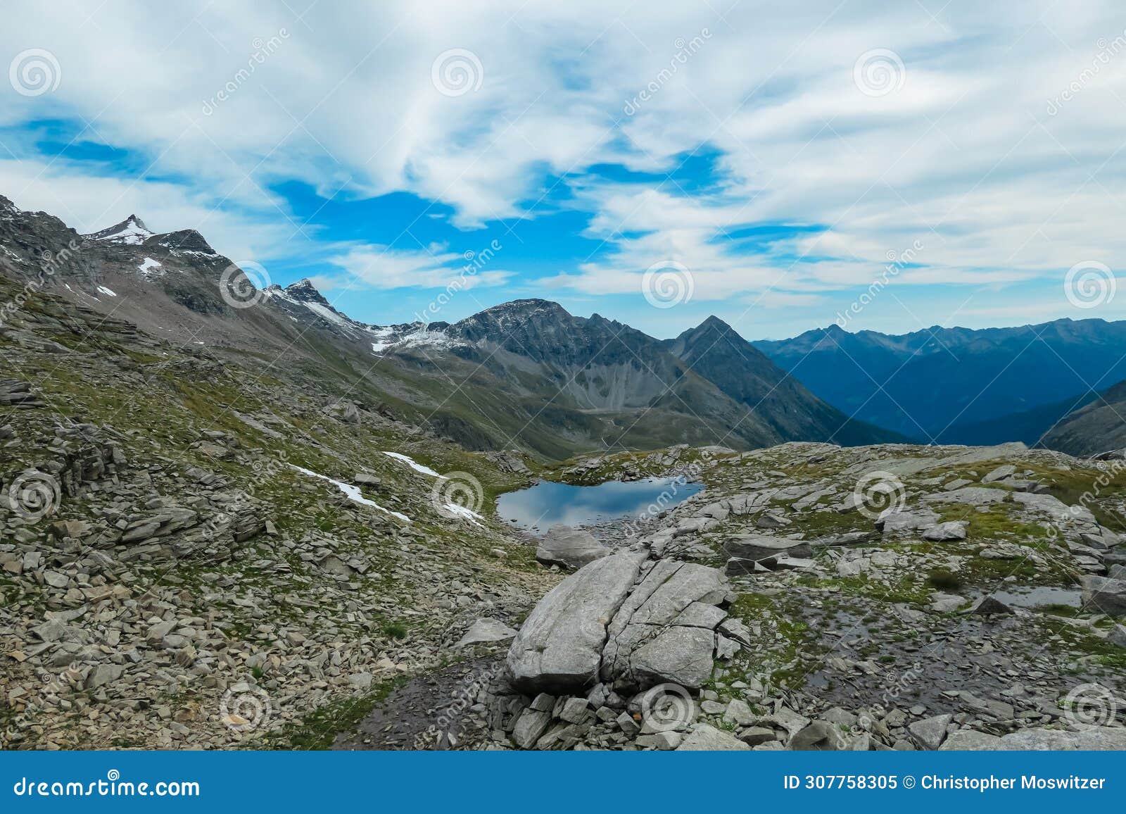 feldseekopf - alpine pond with scenic view of majestic mountain peak seefeldkopf in remote wild high tauern range