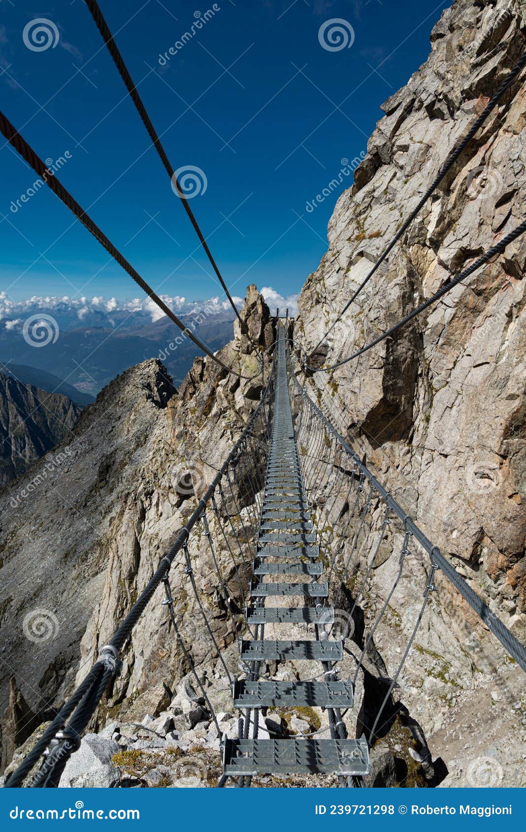 alpine rope suspension bridge. sentiero dei fiori, tonale, italy