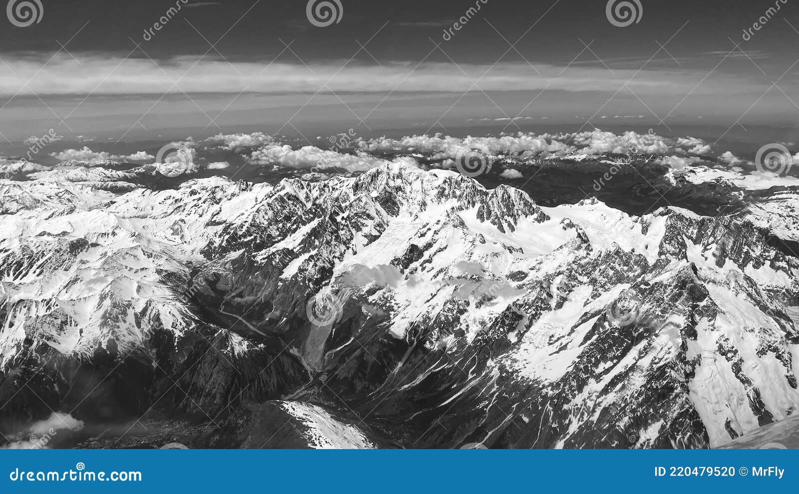 alps mountainrange from above, black and white
