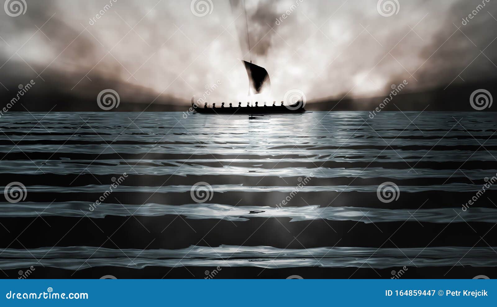 ancient greek ship in mist - 3d 