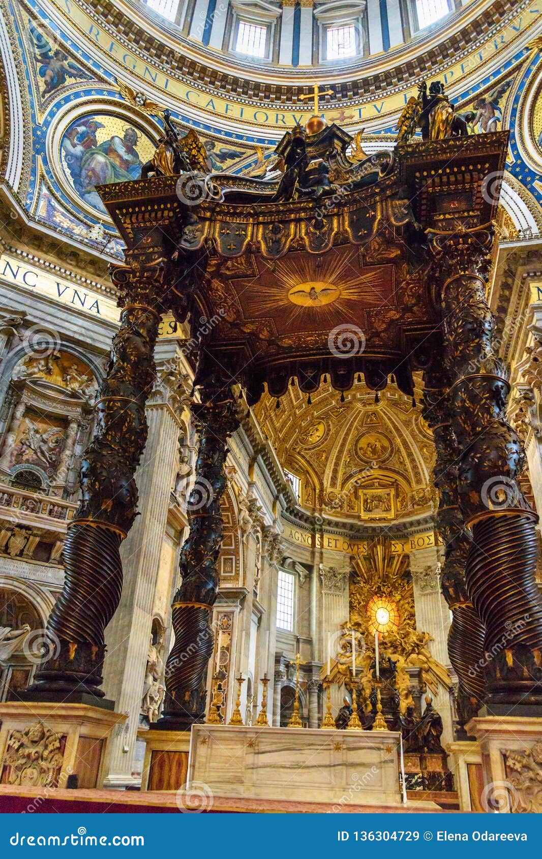 Altar with Bernini`s Baldacchino. Interior of Saint Peter`s Basilica in ...