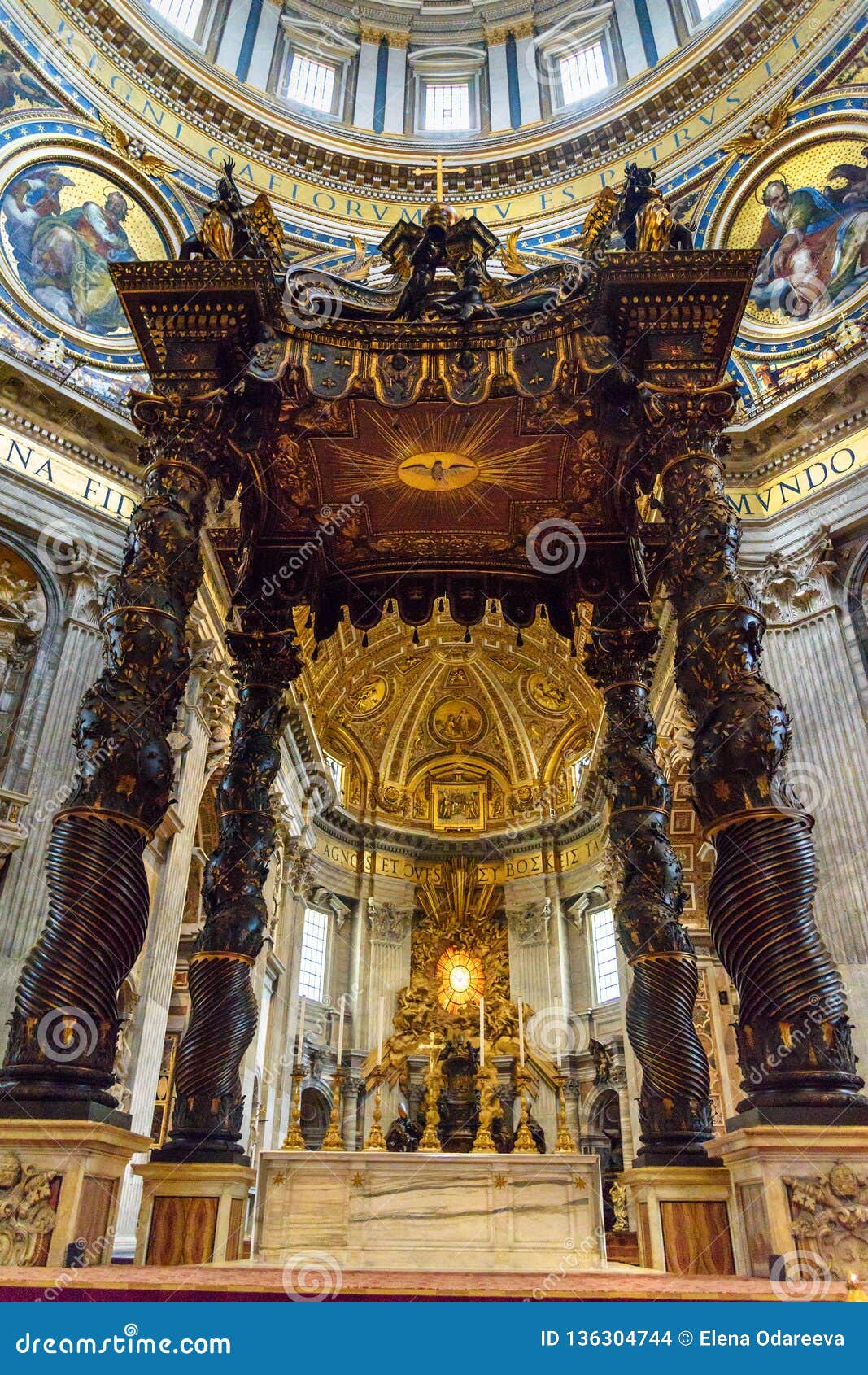 Altar with Bernini`s Baldacchino. Interior of Saint Peter`s Basilica in ...