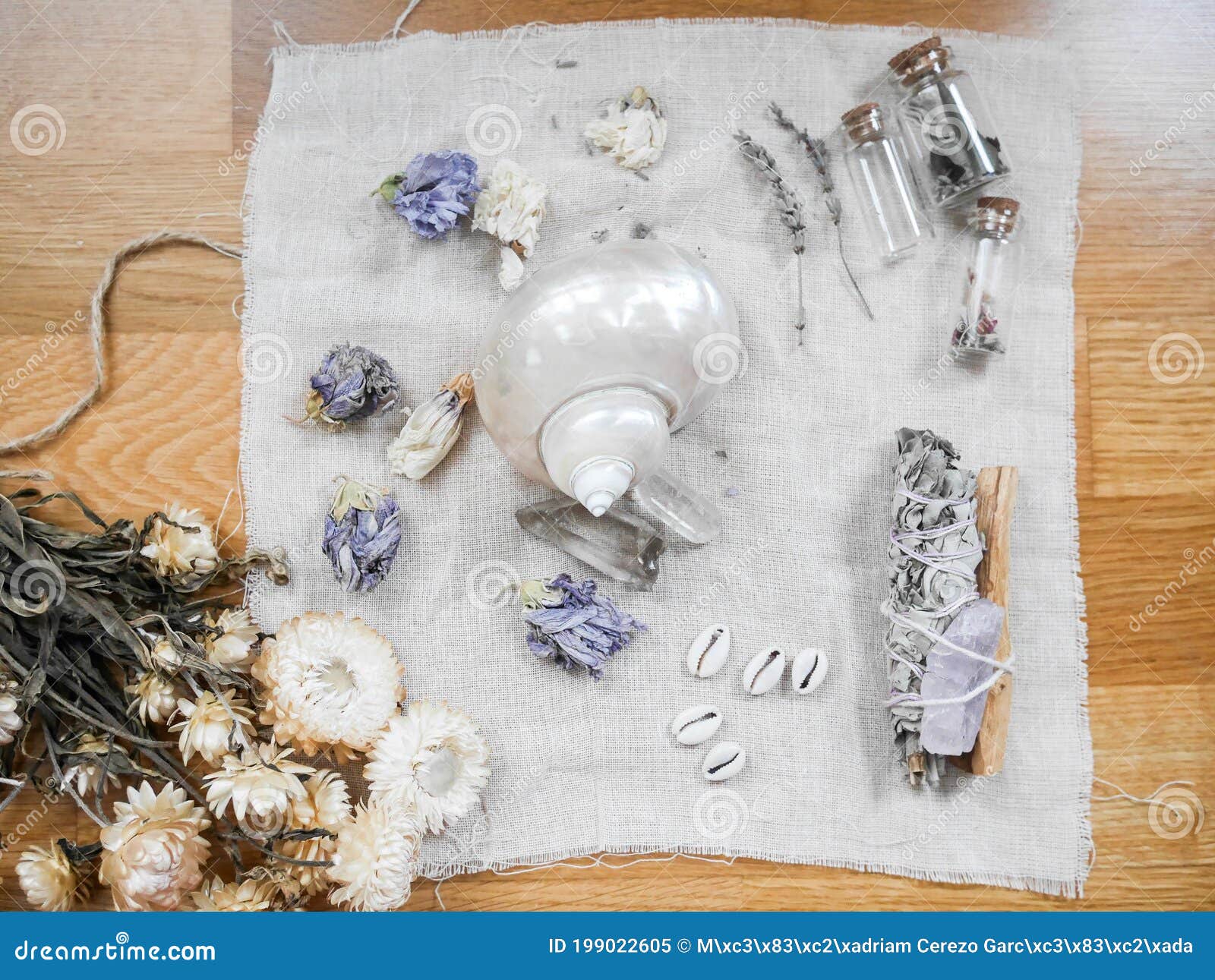 Altar To Perform Rituals with Shells, Dried Flowers, Bundle of Sage and