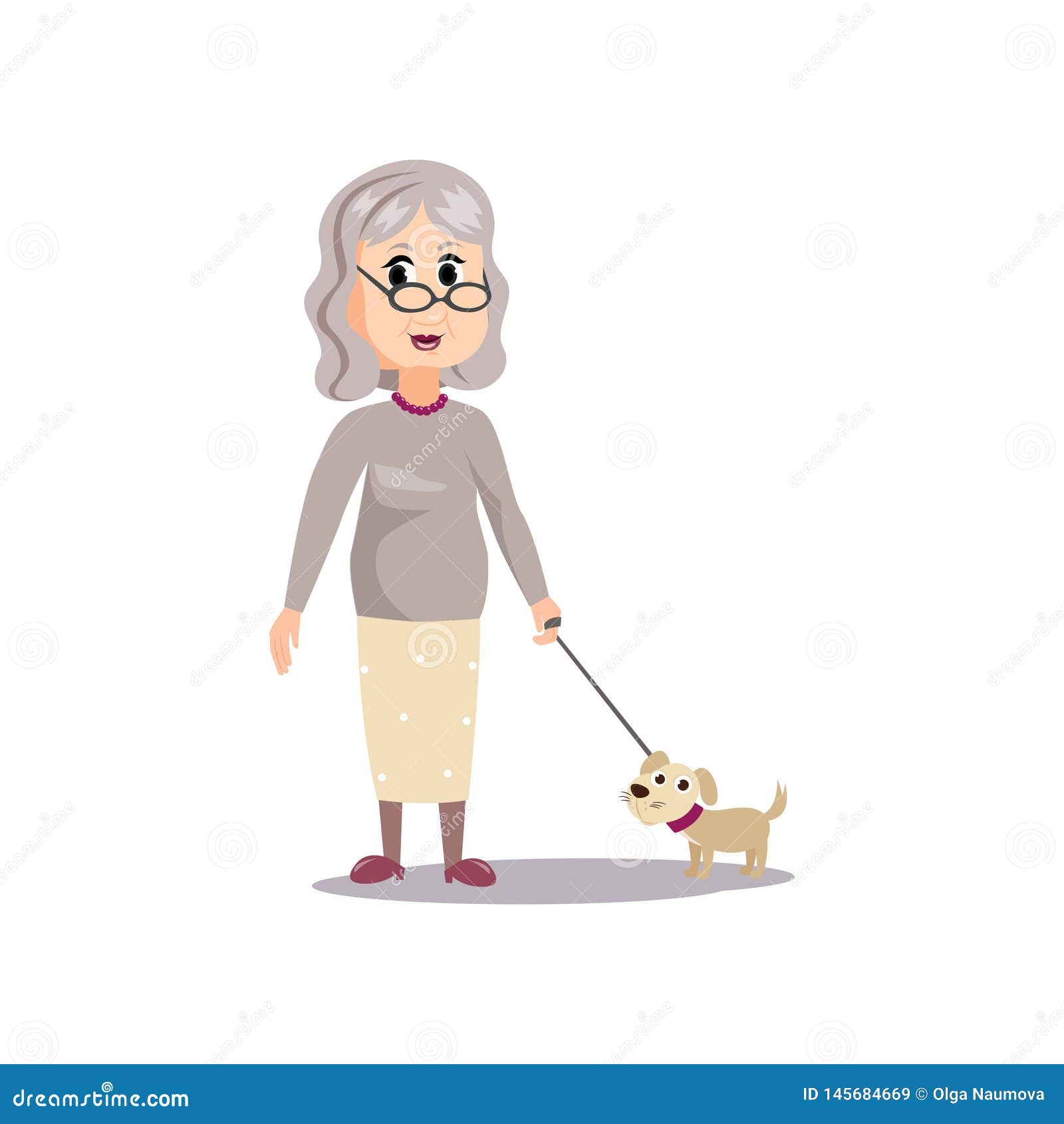 Alte ältere Frau Der Netten Mode Mit Kleinem Hund Vektor Abbildung