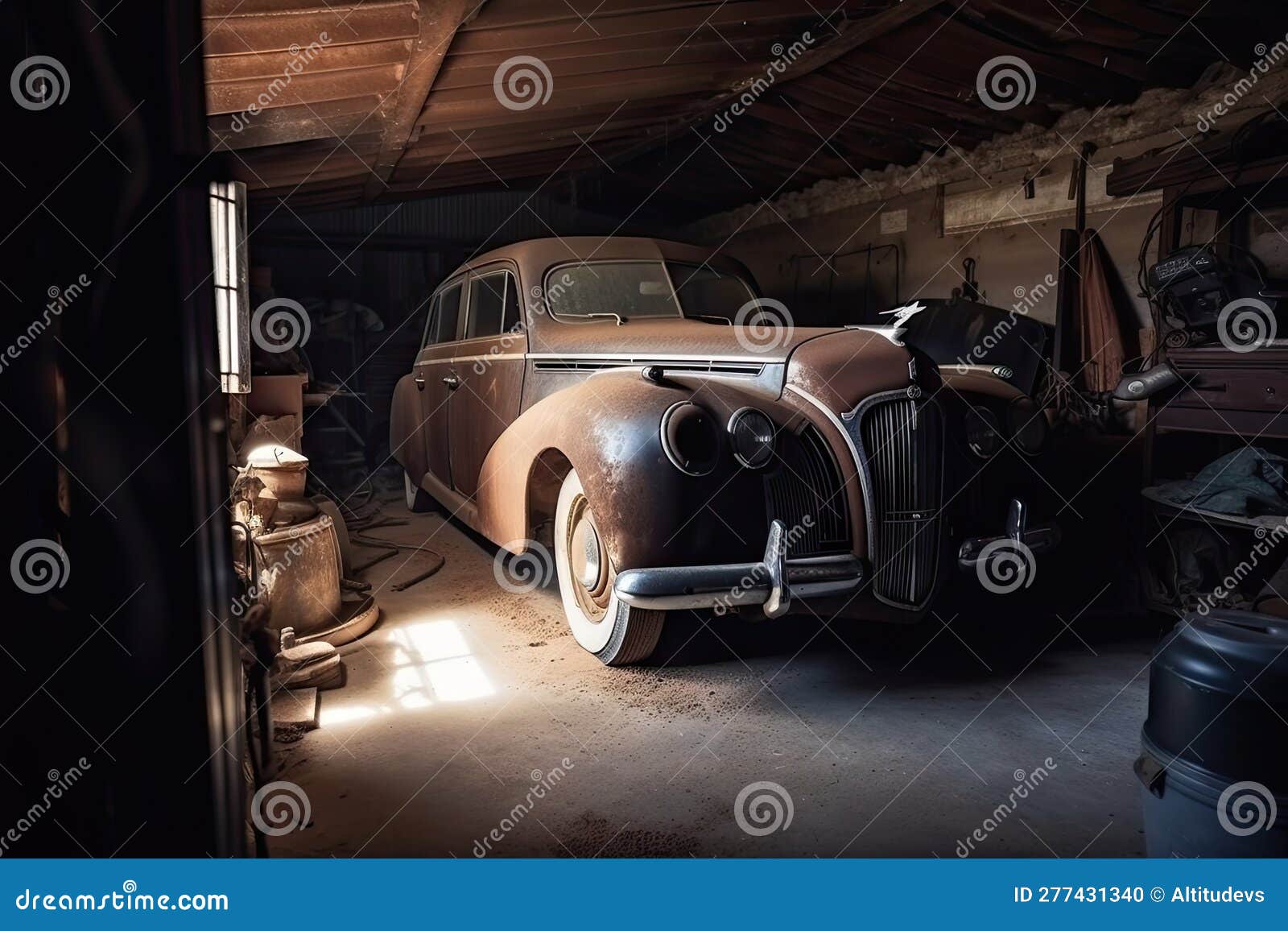 Alte Garage Mit Oldtimer Auf Lift Fertig Restauriert Stock Abbildung -  Illustration von festgelegt, auto: 277431340