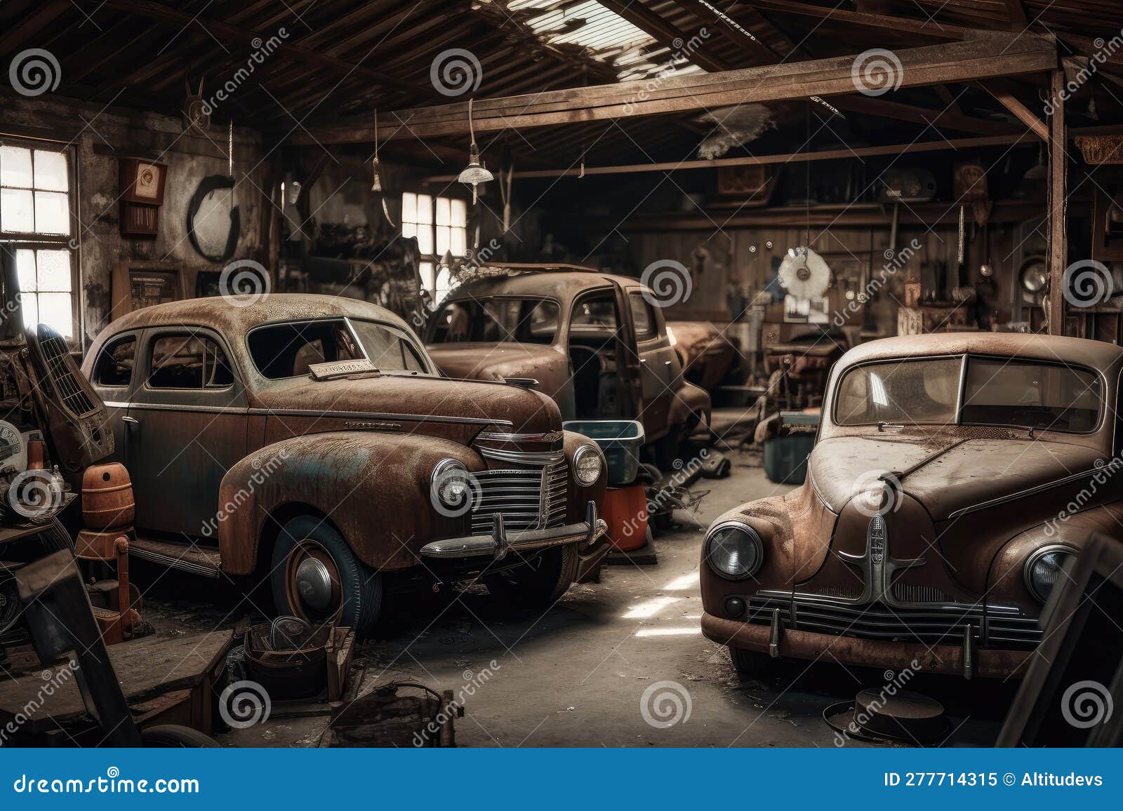 Alte Garage Mit Oldtimer Und LKWs in Verschiedenen
