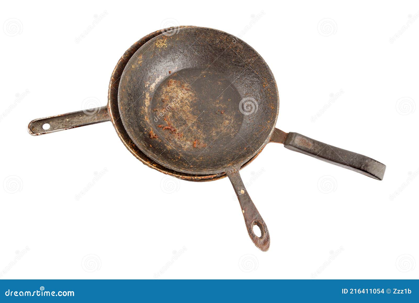 Alte Widerlich Gebeizt Rostigen Gusseisen Pfanne Stapel Mit Verbranntem Fett Und Speisereste Isoliert Stockfoto Bild Von Metall Flach 216411054
