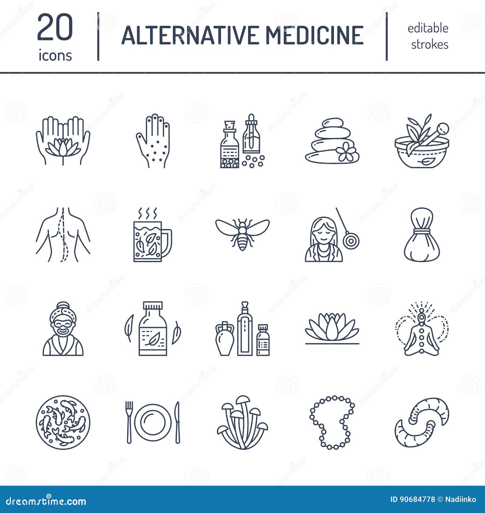 alternative medicine line icons. naturopathy, traditional treatment, homeopathy, osteopathy, herbal fish and leech